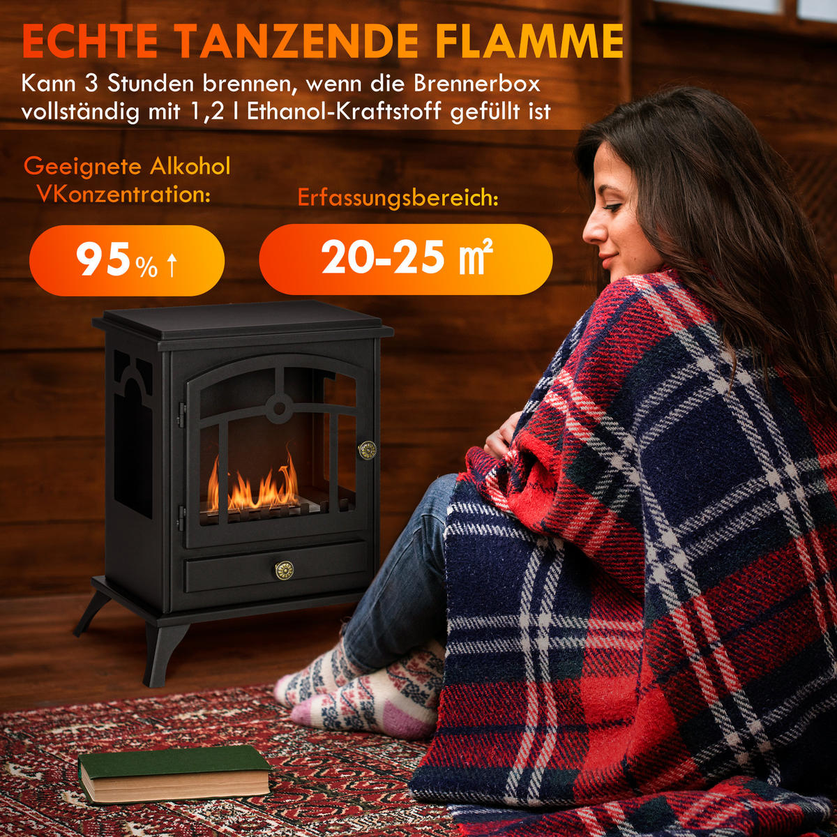 ETHANOL Kamin, 7000BTU Bio-Ethanol Kamin, 1,2L Ethanol Ofen mit Feuerdeckel - Schwarz, Metall (28/54/45cm) - HOMCOM