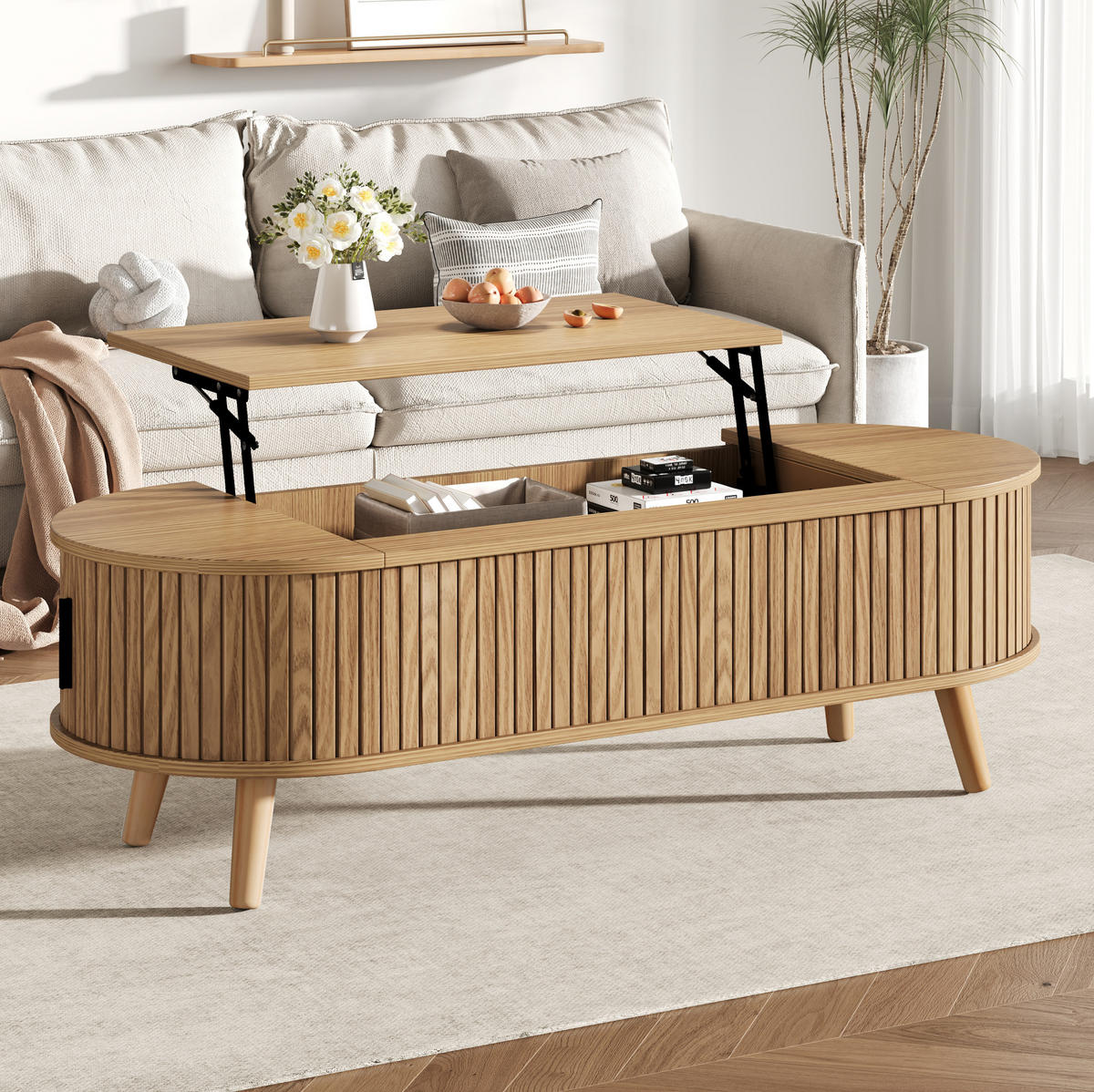 COUCHTISCH 120/50/39,5 cm höhenverstellbar mit verstecktem Stauraum und Rolltüren aus MDF, Natur - Naturfarben, Holzwerkstoff (120/50/39.5cm) - Modfu