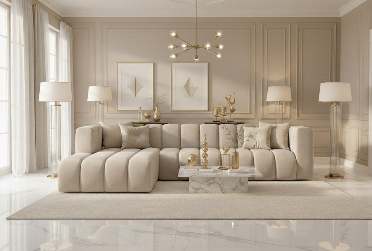 ECKSOFA L-Form GRAND 318 cm, Stoff Salvador, Beige, Links - Beige, Holz (318/179cm) - Kaiser Möbel