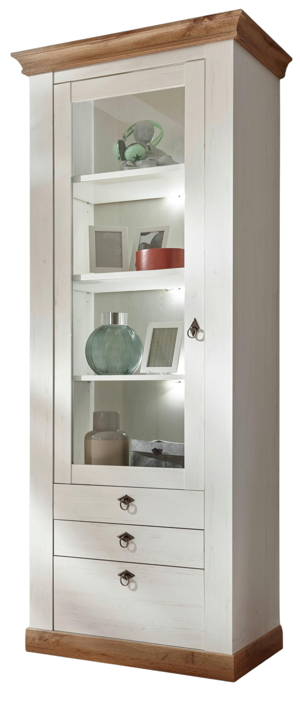 VITRINE weiß Pinie, Eiche 82 cm, Vitrinenschrank im Landhaus-Stil - Silberfarben/Eiche Wotan, Holzwerkstoff/Metall (82/204/44cm) - Furn.Design