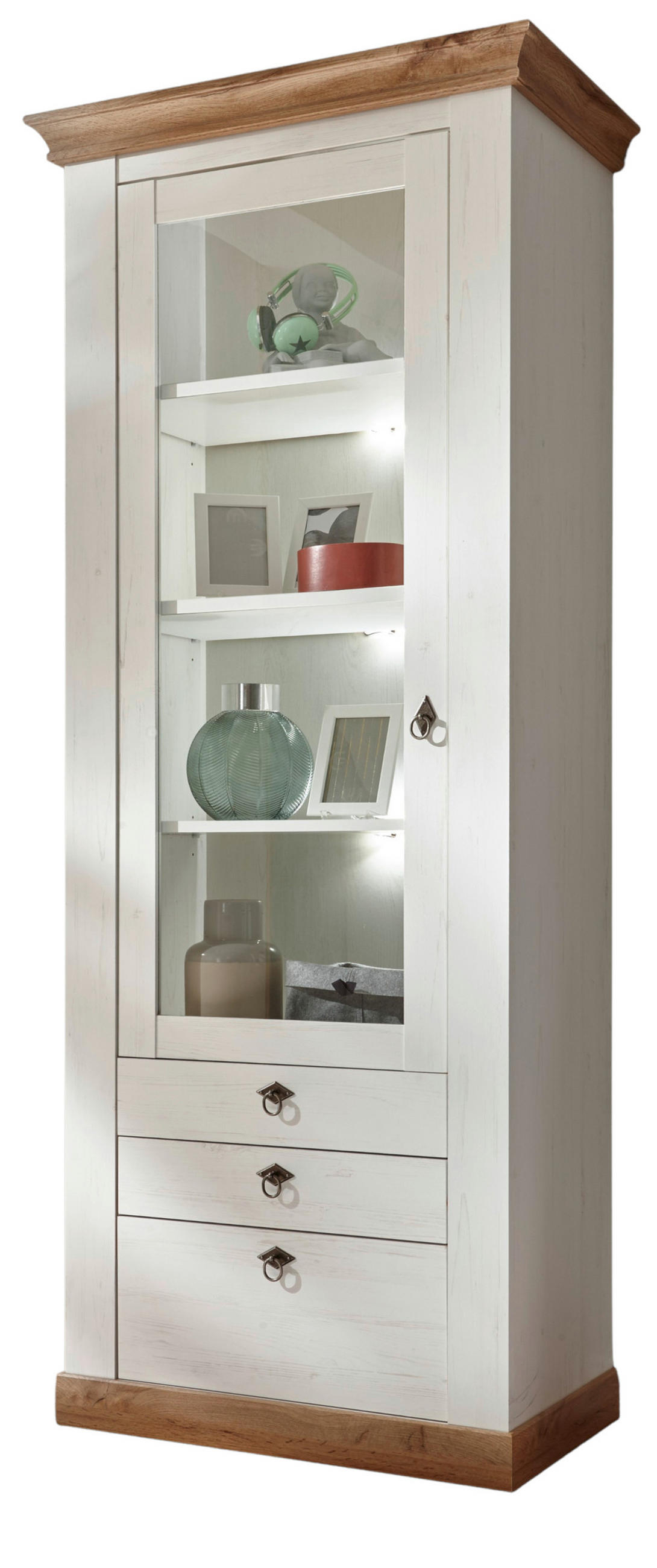 VITRINE weiß Pinie, Eiche 82 cm, Vitrinenschrank im Landhaus-Stil - Silberfarben/Eiche Wotan, Holzwerkstoff/Metall (82/204/44cm) - Furn.Design