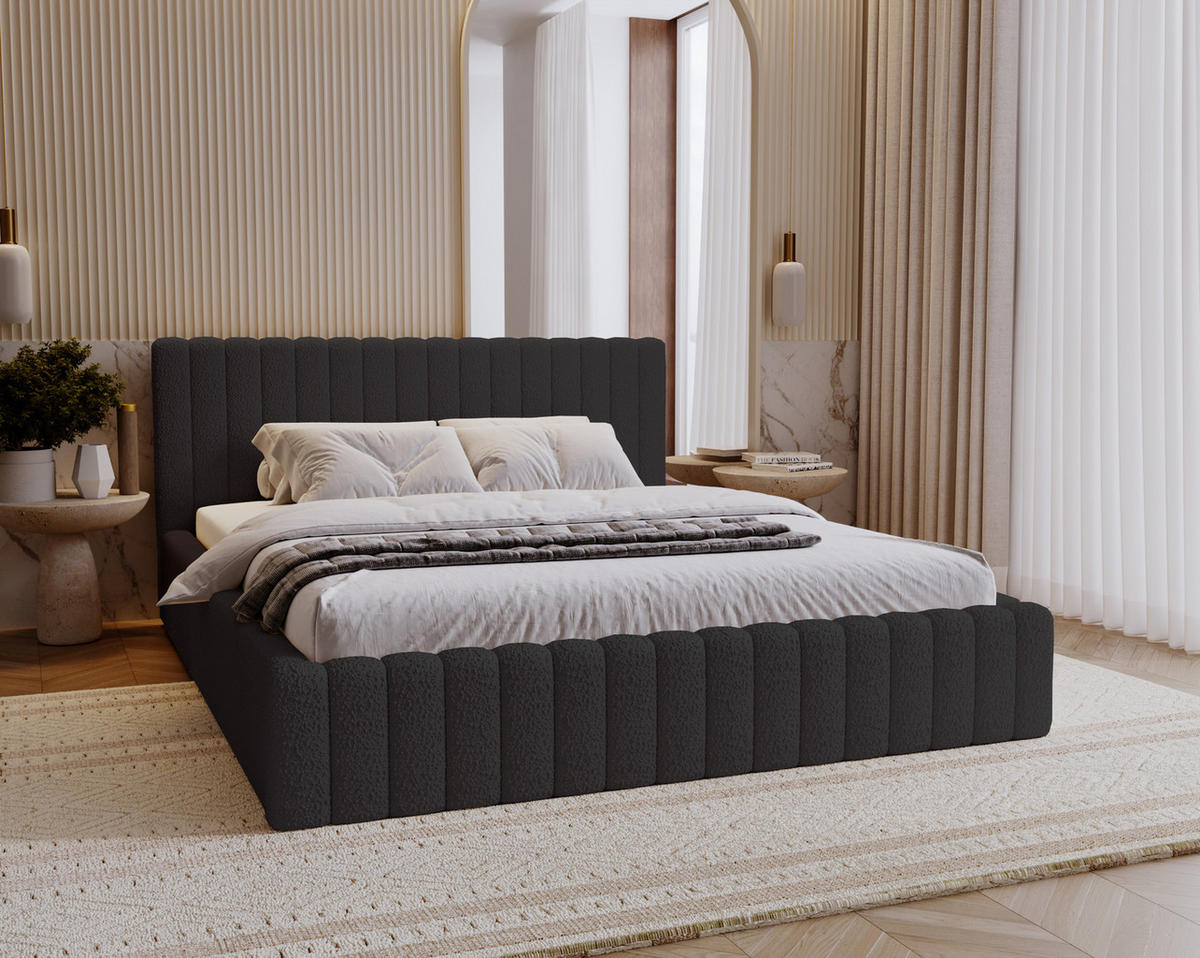 POLSTERBETT 140x200 Billo mit Bettkasten, Boucle Schwarz - Schwarz, Holz/Textil (140/200cm) - Emporius
