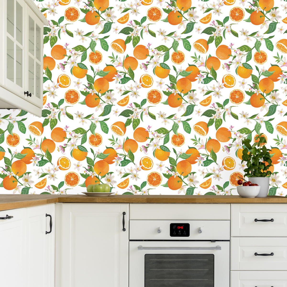 VLIESTAPETE Orangen und Blüten – Orange, Grün, Weiß – 50x1000 cm - Orange/Weiß, Papier (50/1000cm) - Muralo