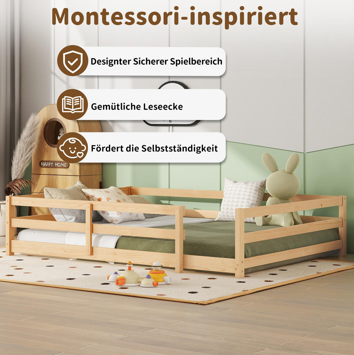 KINDERBETT 140/200 cm mit 4-Seiten-Umrandung und Lattenrost, niedriger Einstieg ohne Matratze - Naturfarben, Holz (140/200cm) - MIVRAY