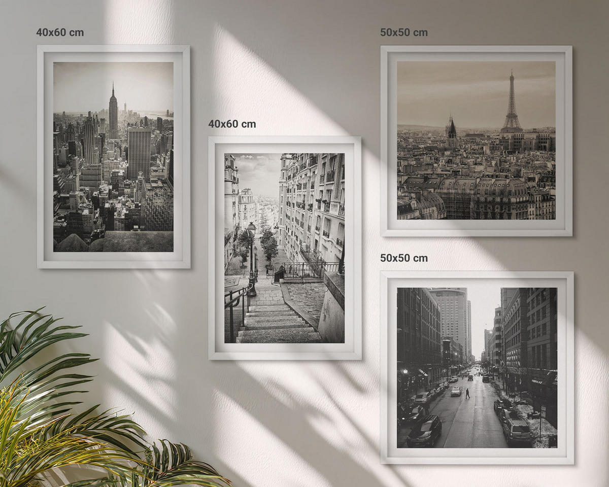 BILDER SET 4er Set - 50x50 cm & 40x60 cm Weißer Rahmen - Aussicht Paris New York Treppen - Weiß, Kunststoff (50/50cm) - TULUP