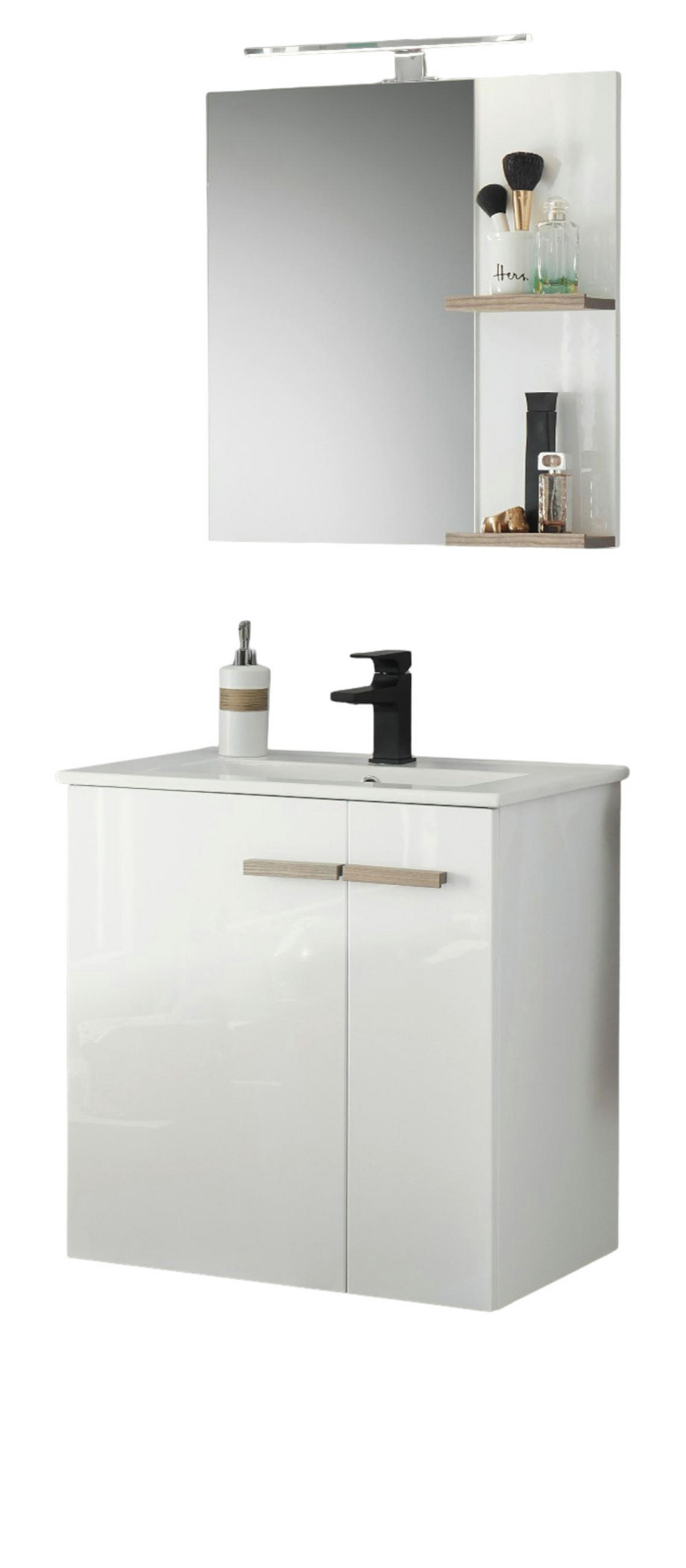 BADMÖBEL-SET weiß Hochglanz Lack, Eiche, Badkombination MIT Waschbecken, Badlampe 60 x 200 cm - Weiß Hochglanz/Eichefarben, Holzwerkstoff (60/200/40cm) - Furn.Design