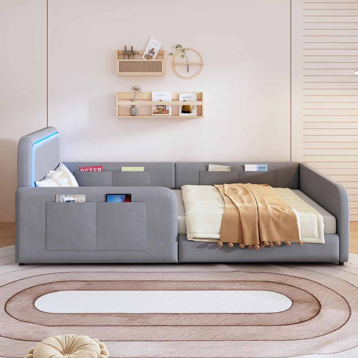 POLSTERBETT 90x200cm LED App Steuerung Seitentasche Grau - Grau, Textil (90/200cm) - FLIEKS