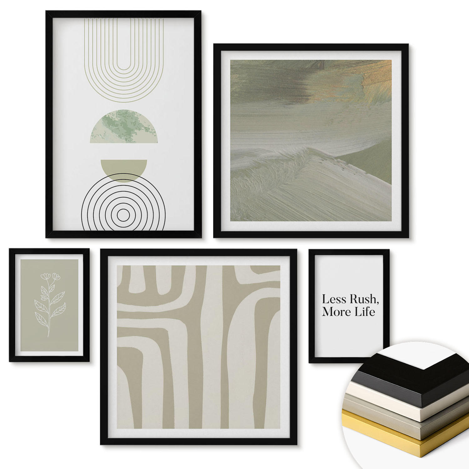 WANDBILDER 5er-Set - 50x50 cm & 20x30 cm & 40x60 cm Schwarzer Rahmen - Geometrische Pflanzenmuster - Schwarz, Kunststoff (40/60cm) - ArtPrintCave
