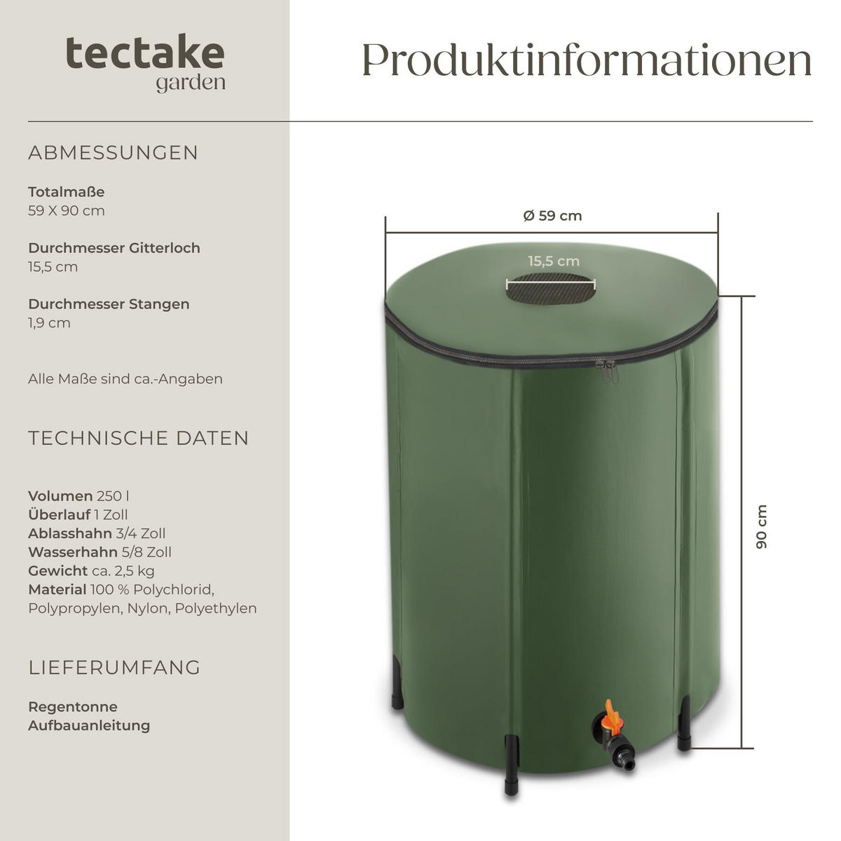 REGENTONNE , Oberseite abnehmbar, grün - Grün, Kunststoff (59/90/59cm) - tectake