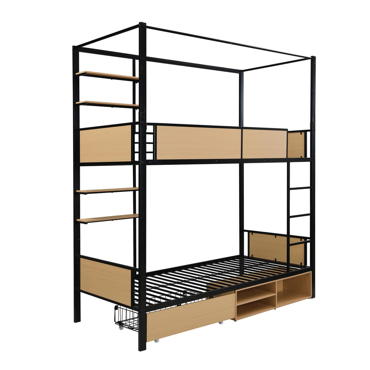 ETAGENBETT 90/200 cm aus Metall und MDF mit Ablageboards und Stauraum Schwarz/Natur - Schwarz, Holzwerkstoff (90/200cm) - Modenvie