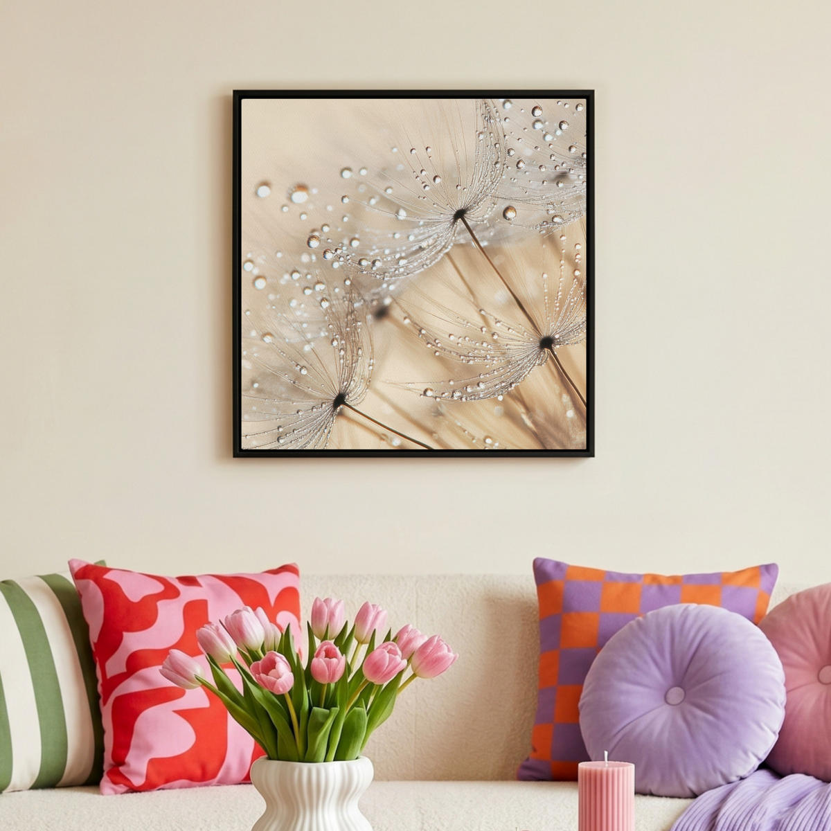 LEINWAND Bilder mit Rahmen - Löwenzahn - Abstrakt - Natur - Beige - 50x50 - Braun, Textil (50/50cm) - MuchoWow