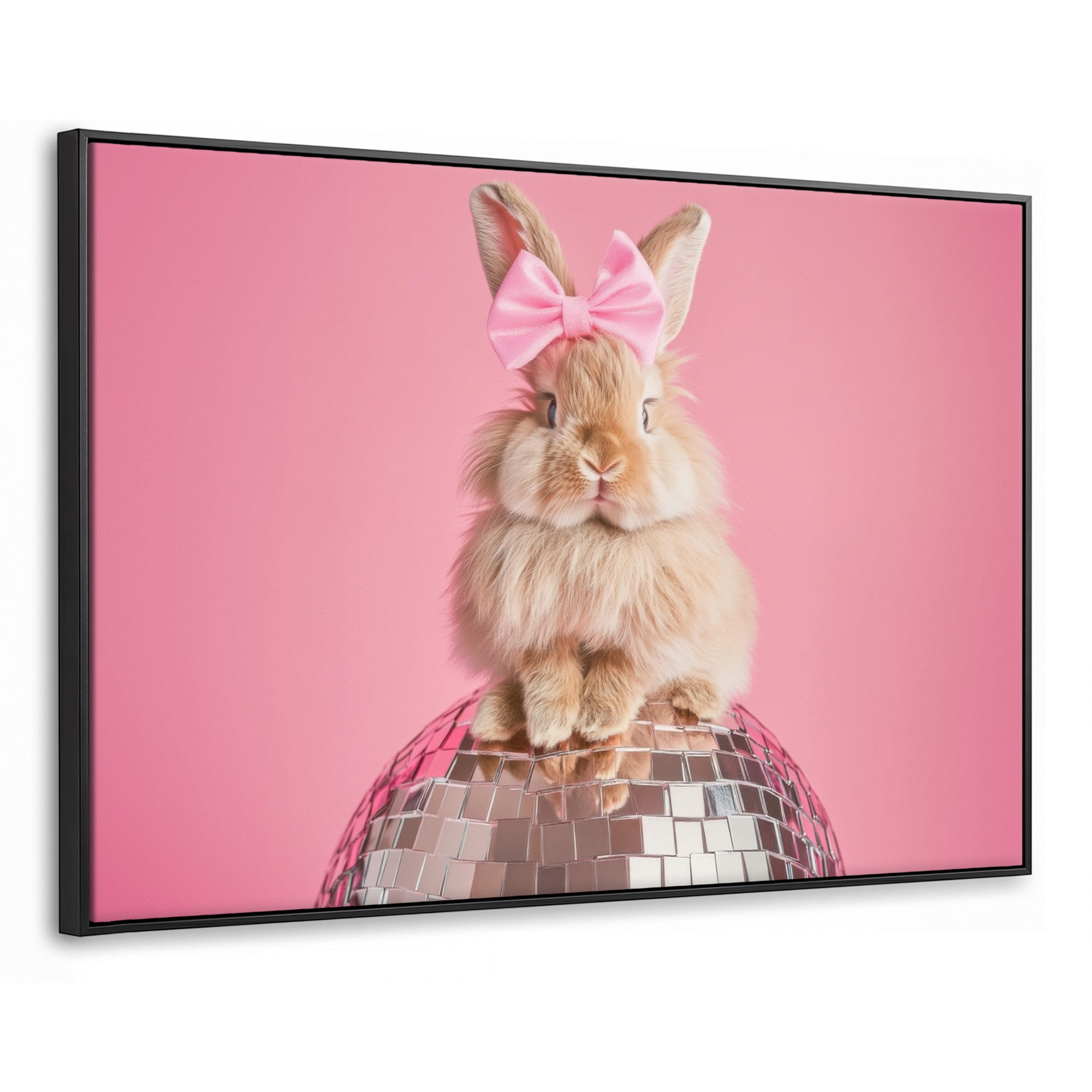 LEINWAND Bilder mit Rahmen - Schleife - Discoball - Kaninchen - 90x60 - Pink, Textil (90/60cm) - MuchoWow