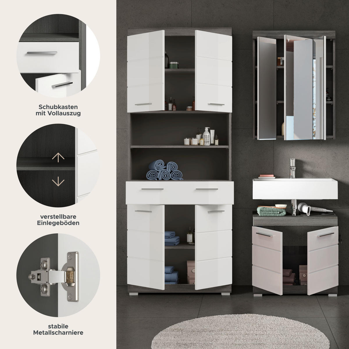 BADKOMBINATION 3tlg. Scout Bad in Rauchsilber Nachbildung und weiß hochglanz B/H/T: 149x191x34 cm - Anthrazit, Holz (149/191/34cm)