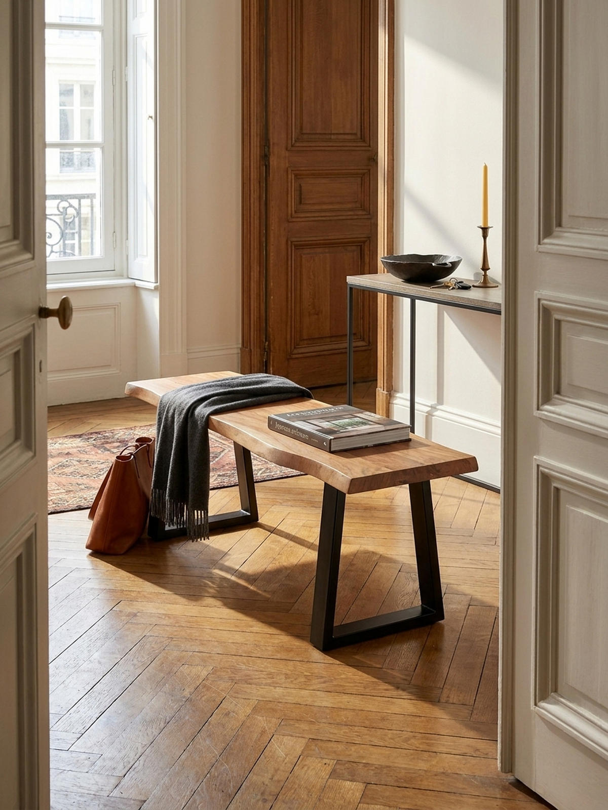 GARDEROBENBANK Massivholz Metall Baumkante, Akazie-Schwarz 120x40x46 cm - Schwarz/Braun, Holz/Metall (120/46/40cm) - KADIMA DESIGN