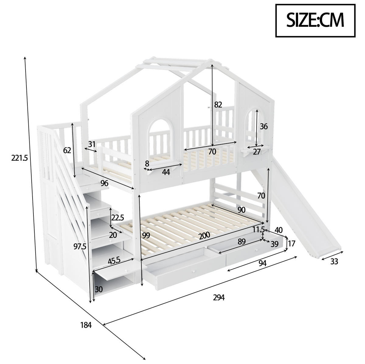 POSCHODOVÁ posteľ 90/200 cm biela s úložným rebríkom, šmykľavkou a zásuvkami z dreva - biela, kompozitné drevo (90/200cm) - OKWISH