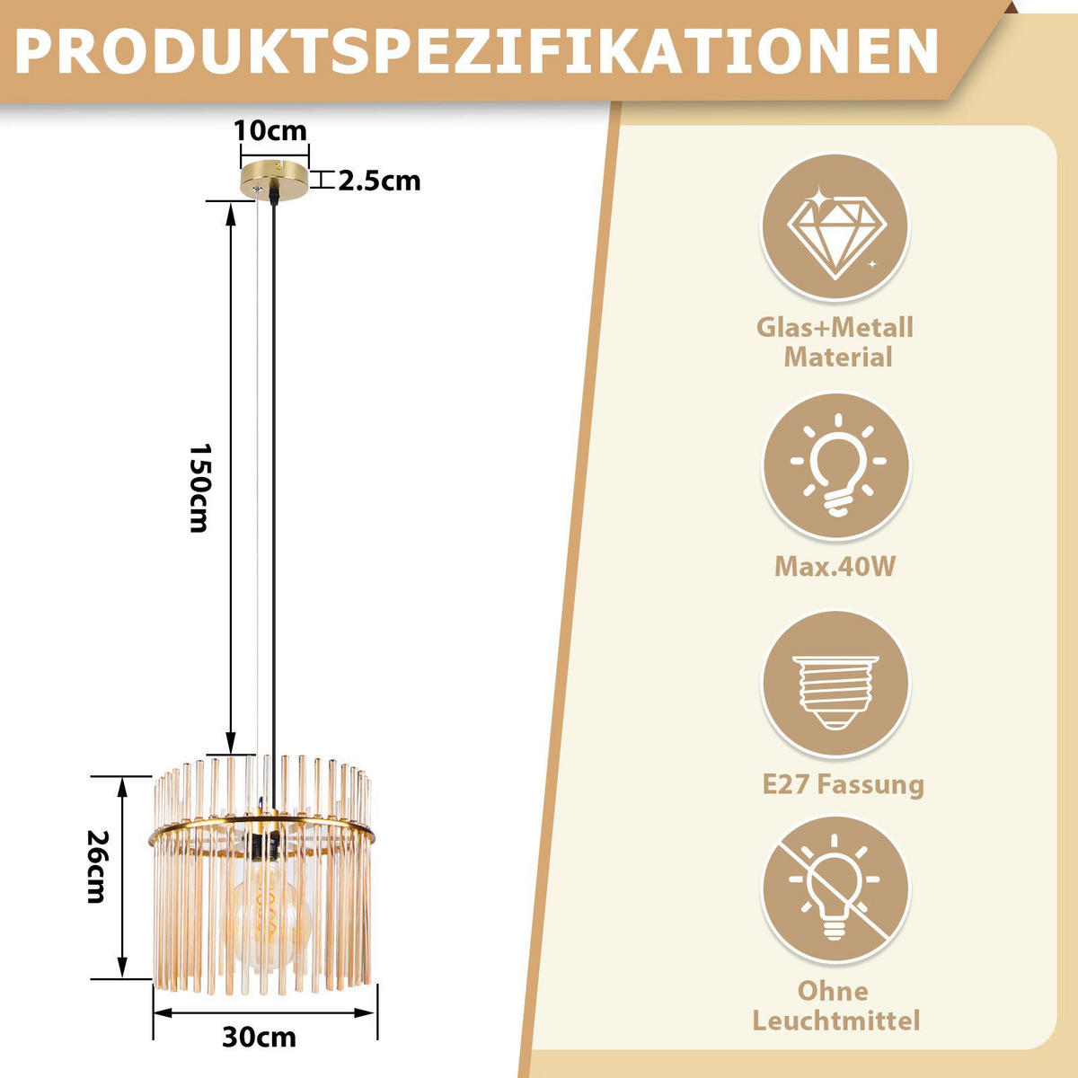 PENDELLEUCHTE AURA Ⅲ 30/10/150 cm - Goldfarben, Metall (30/10/150cm) - Nettlife