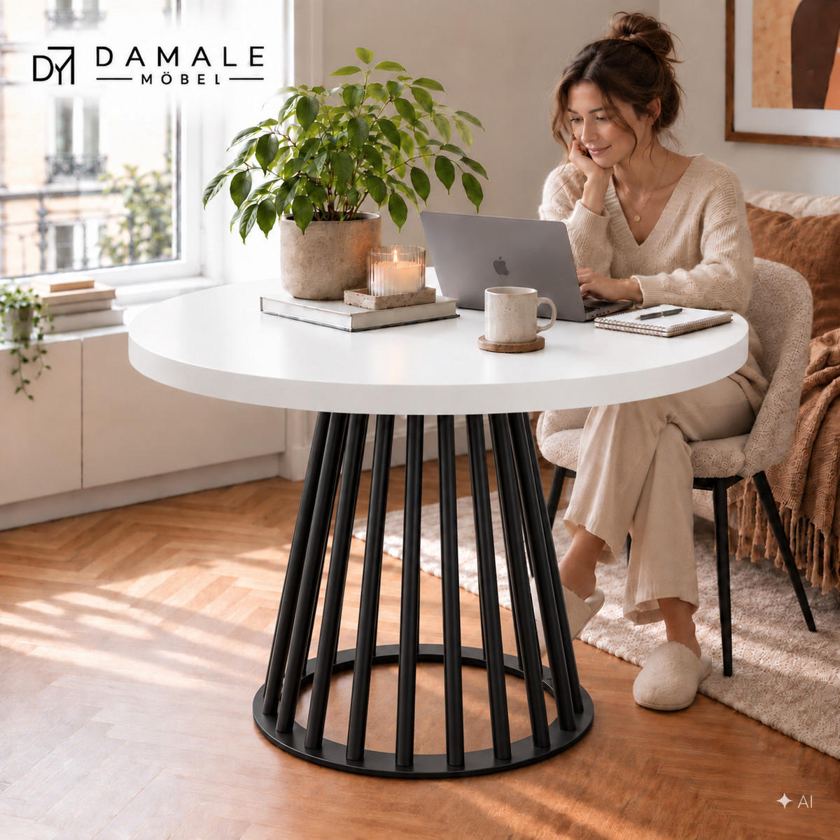 ESSTISCH rund ausziehbar 90/190/76 cm, Weiß, 54 cm Tischplatte + Lamellen-Metallgestell Schwarz - Schwarz/Weiß, Holzwerkstoff/Metall (90/190/76cm) - Damale Möbel
