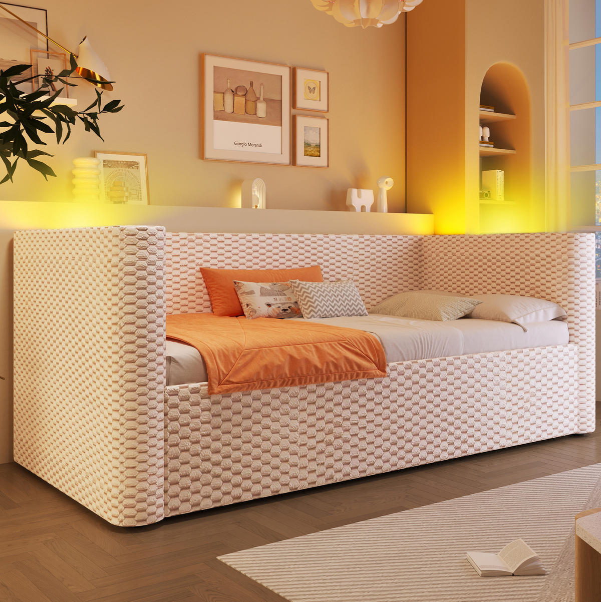 BETT 90/200 cm aus Samt in Beige mit LED-Beleuchtung und Stauraum - Beige, Textil (90/200cm) - Flora Grace