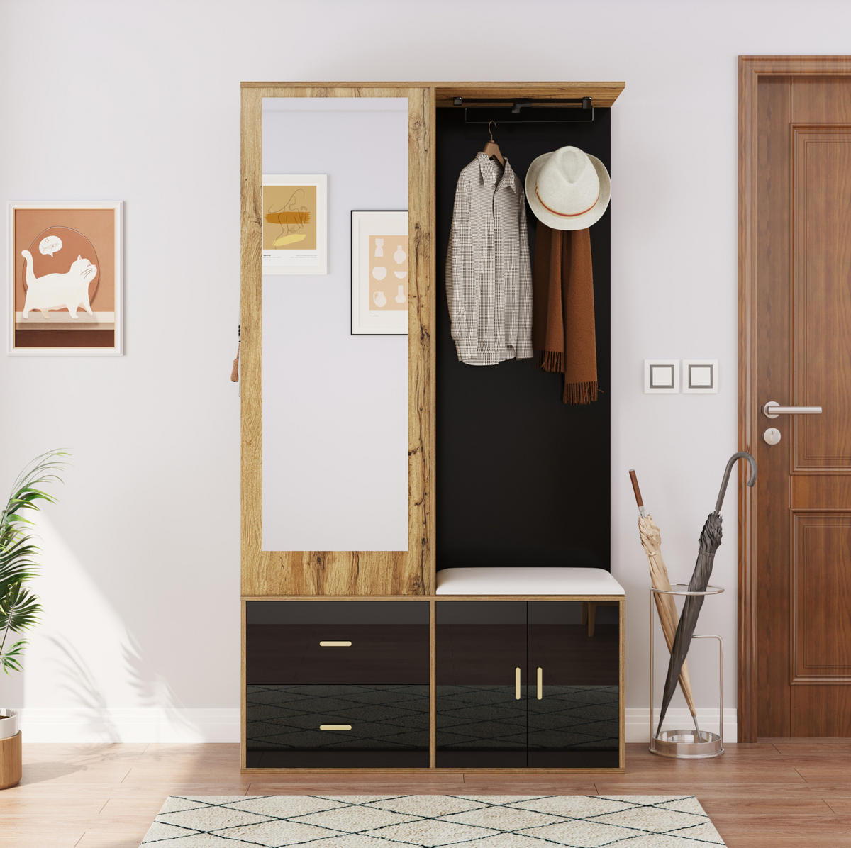 GARDEROBE mit Spiegel und Schuhbank 100 x 38 x 180 cm Schwarz Holzoptik - Schwarz, Holzwerkstoff (38/180/100cm) - Beauniv