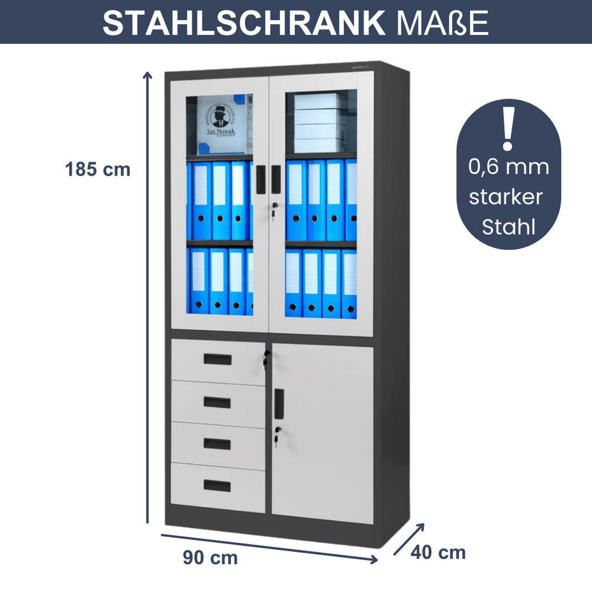 VITRINENSCHRANK abschließbar WIOLA mit Schubladen 185x90x40cm Anthrazit-Weiß - Anthrazit, Metall (90/185/40cm) - Jan Nowak