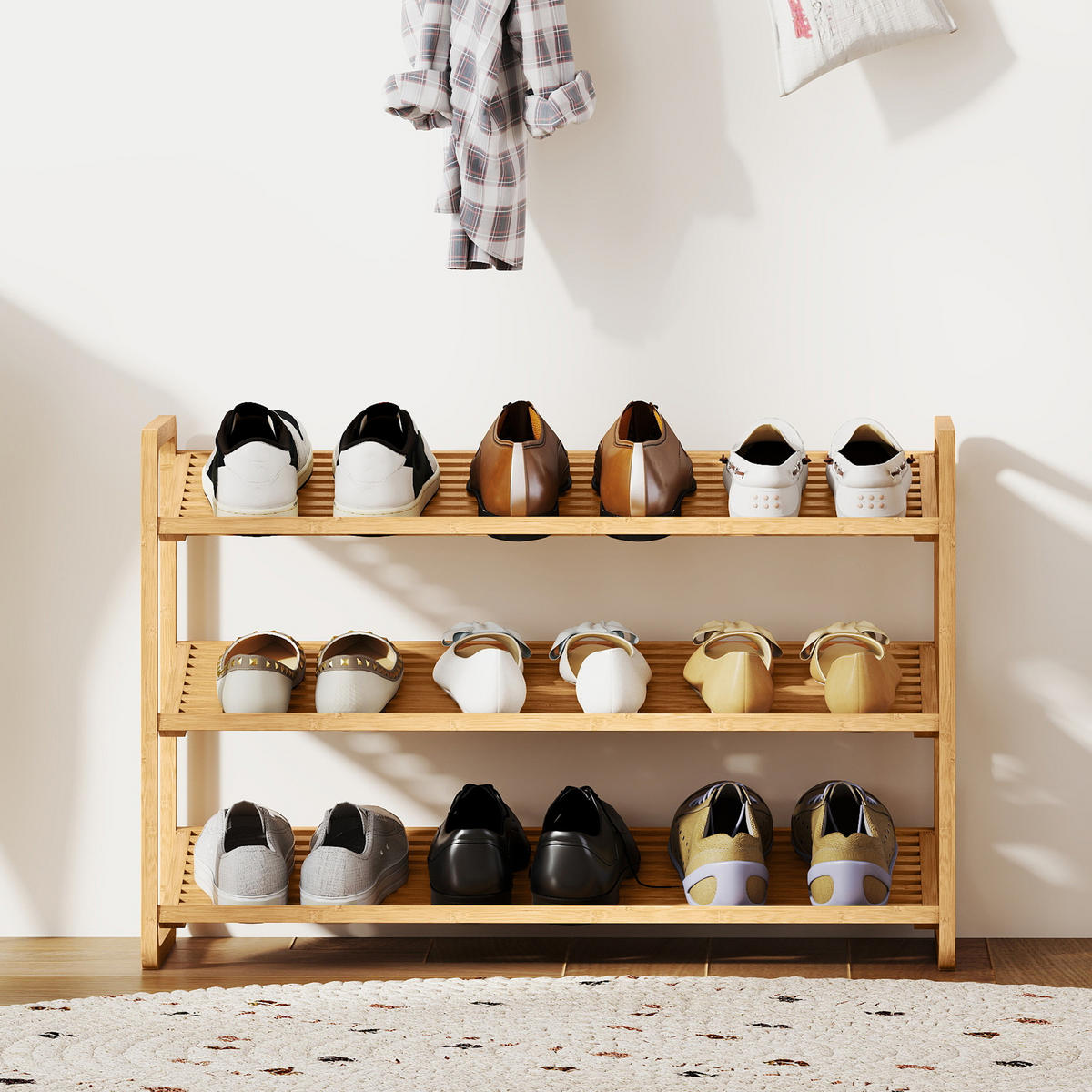 SCHUHREGAL mit 3 Ebenen Schuhaufbewahrung Schuh-Organizer für 9-12 Paar - Naturfarben, Holz/Bambusholz (33/50.8/76cm) - HOMCOM