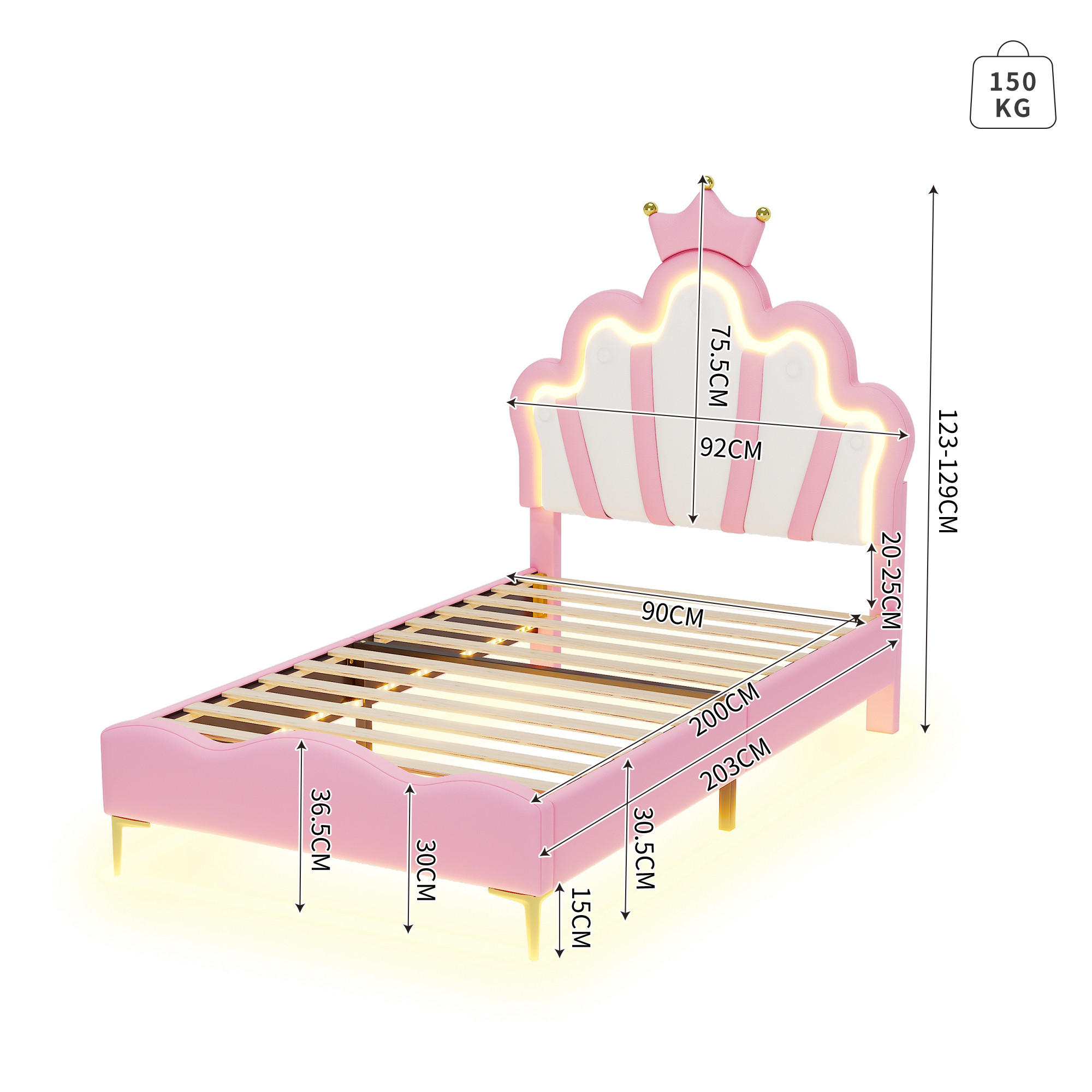 PRINZESSINNENBETT 90x200 Rosa LED Bett Polsterbett Mädchenbett Krone - Rosa, Holzwerkstoff - Gisaae