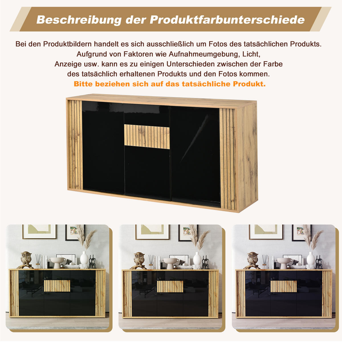 SIDEBOARD Schwarz Hochglanz & Holzton 3 Türen Wellenmuster - Naturfarben, Holzwerkstoff (140/71/35cm) - Urban Meuble