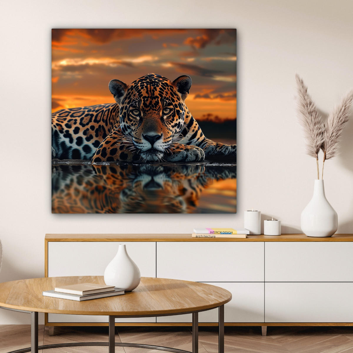 LEINWANDBILD Natur - Leopard - Tier - Sonnenuntergang - Modern Deko Groß 90x90 cm - Orange, Textil (90/90cm) - MuchoWow