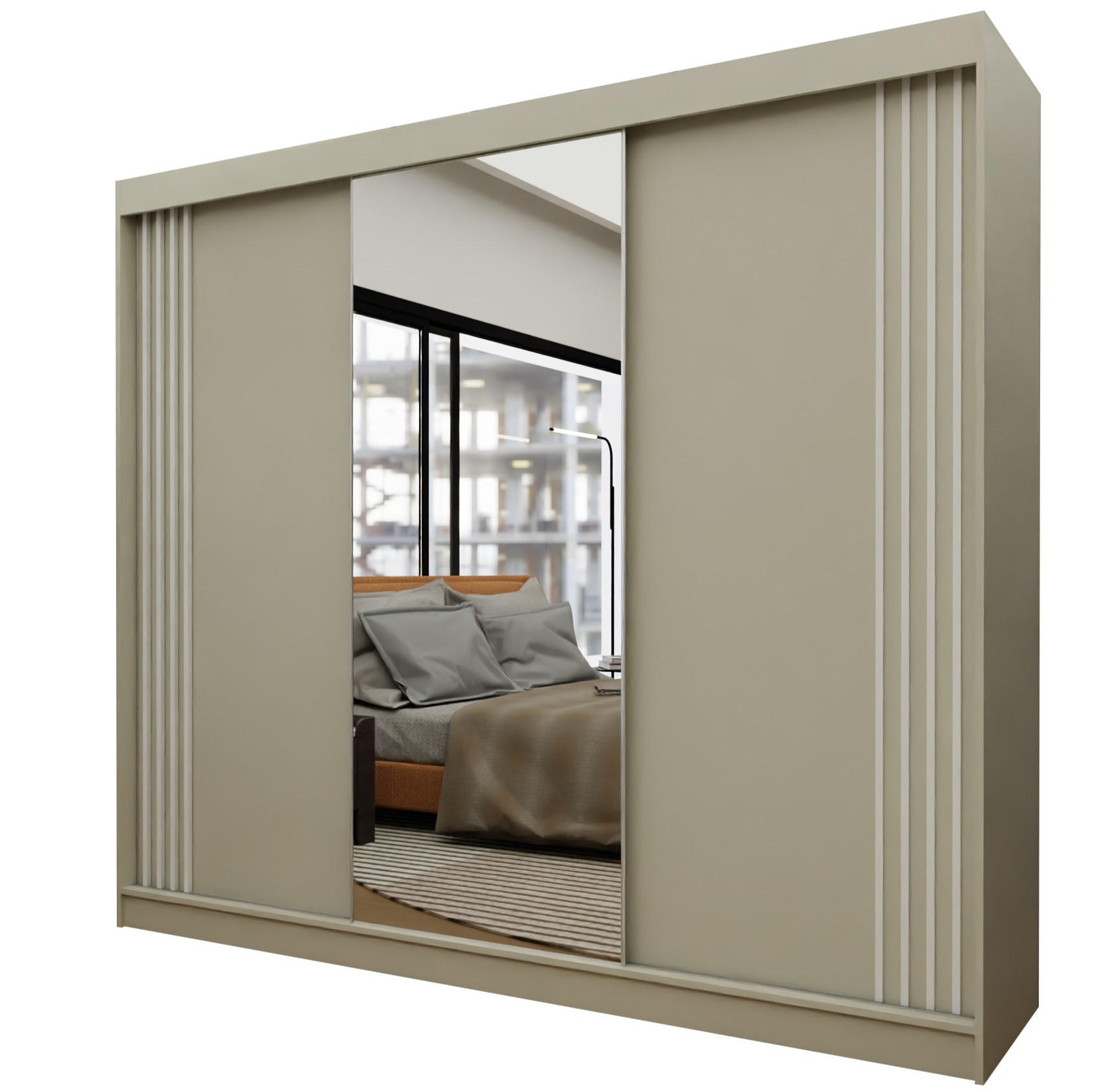 SCHWEBETÜRENSCHRANK Neli 240 cm mit Lamellen und Spiegel 3-türig, kaschmir, kaschmir, Lamelle weiß - Kaschmir/Weiß, Kunststoff (240/216/61cm) - Margaret Hadas24