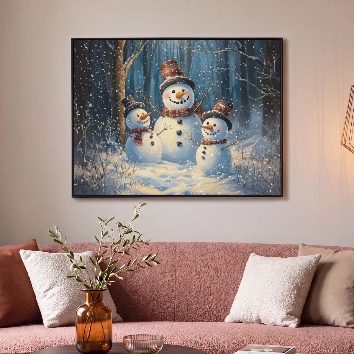LEINWAND Bilder mit Rahmen - Schneemann - Schnee - Winter - Wald - 100x70 - Hellblau, Textil (100/70cm) - MuchoWow