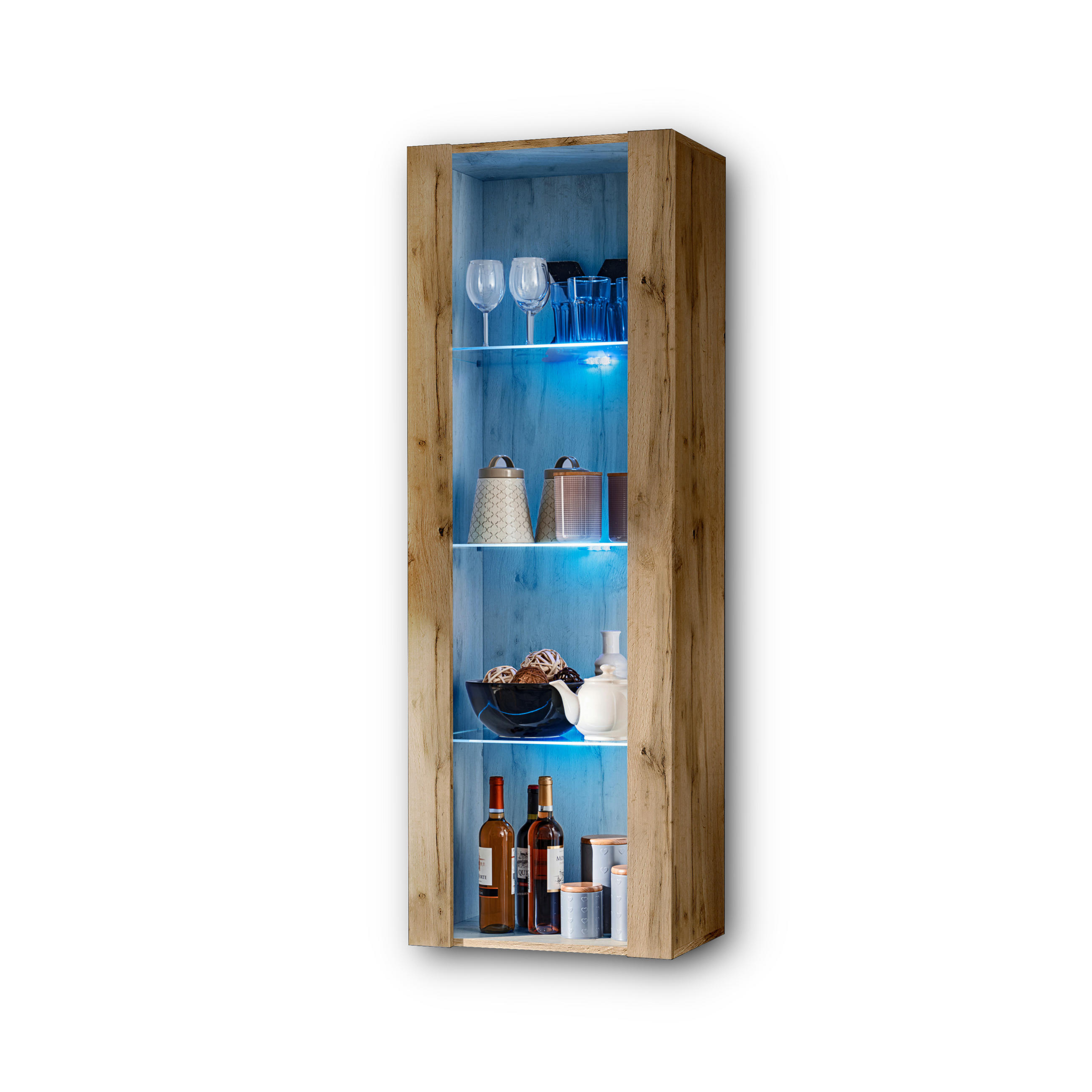 VITRINE TIVOLI, Eiche Wotan + Eiche Wotan, LED Blau - Eiche Wotan, Glas/Holzwerkstoff (55/159/35cm) - Komodee