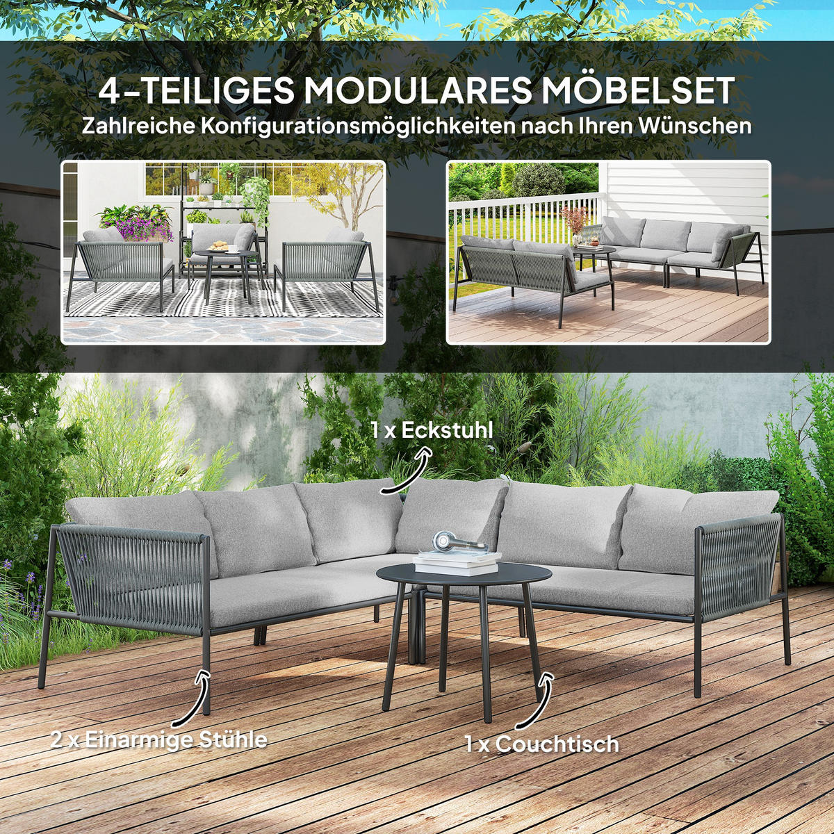 GARTENMÖBEL LOUNGE-SET DE-06738 mit Ecksofa & Tisch, für 6 Personen Dunkelgrau - Dunkelgrau, Kunststoff/Metall - ComfortXL