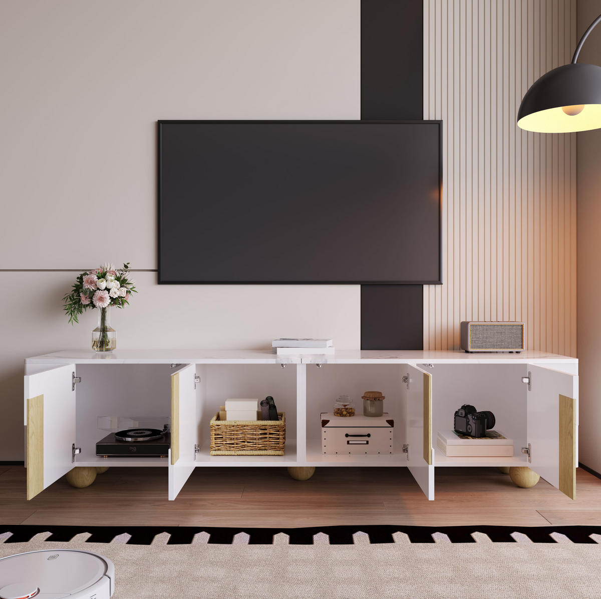 LOWBOARD 180/40/44 cm aus MDF und Spanplatte mit marmoroptischer Oberfläche Weiß/Holzfarben - Weiß, Holzwerkstoff (180/44/40cm) - Modenvie