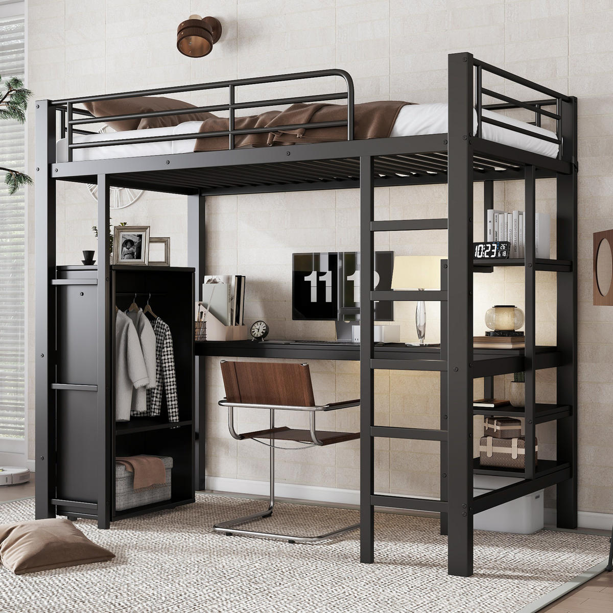 HOCHBETT 90/200 cm aus Metall mit Schreibtisch und Kleiderschrank in Schwarz - Schwarz, Metall (90/200cm) - Flora Grace