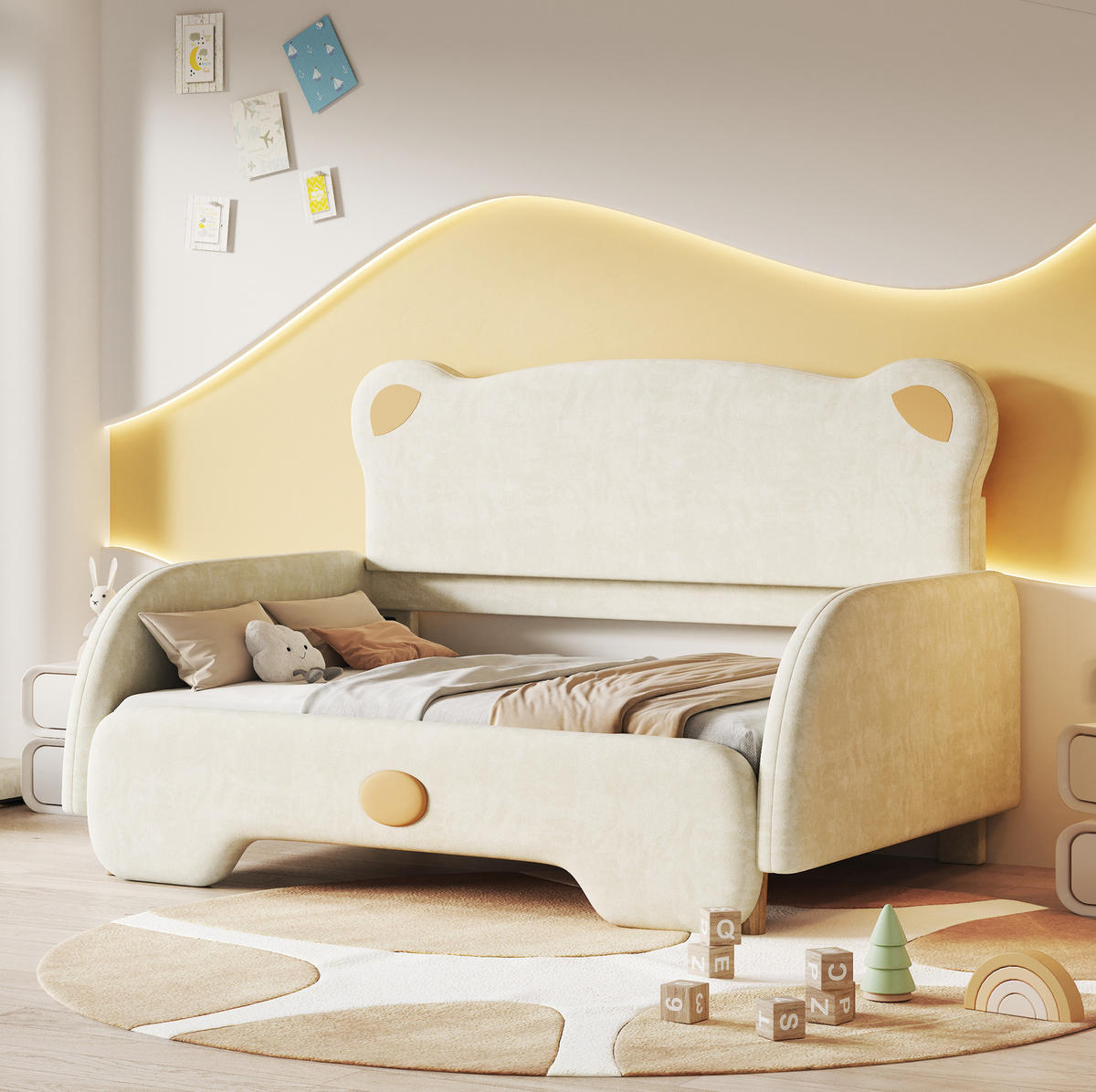 POLSTERBETT 140/200 cm aus Samt mit Bärenform und Ausziehbett Beige - Beige, Textil (140/200cm) - Modenvie