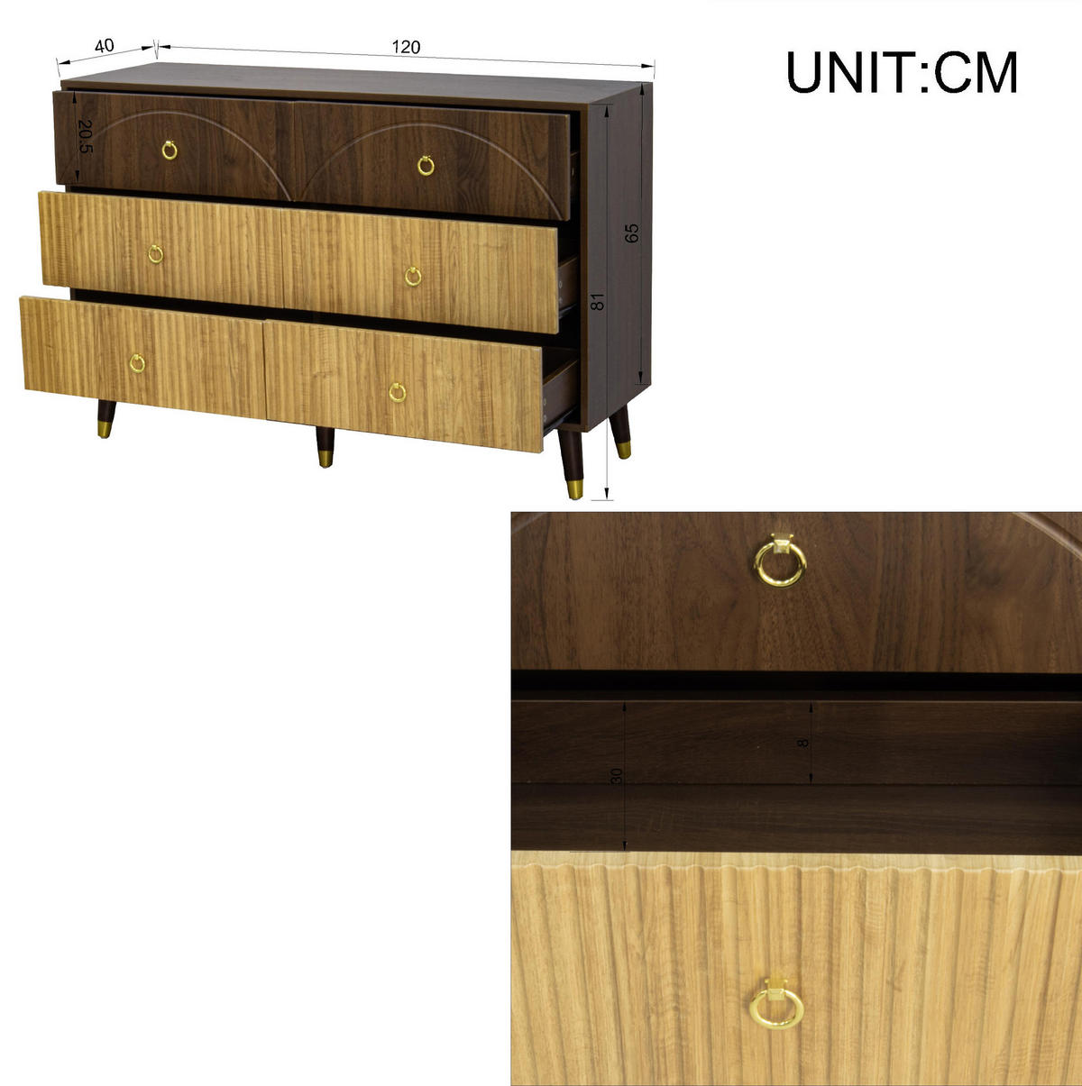 KOMODA 120/40/81 cm s 6 predali, dvobarvnim retro videzom in MDF konstrukcijo, Naravna - naravne barve, leseni material (120/81/40cm) - Redom