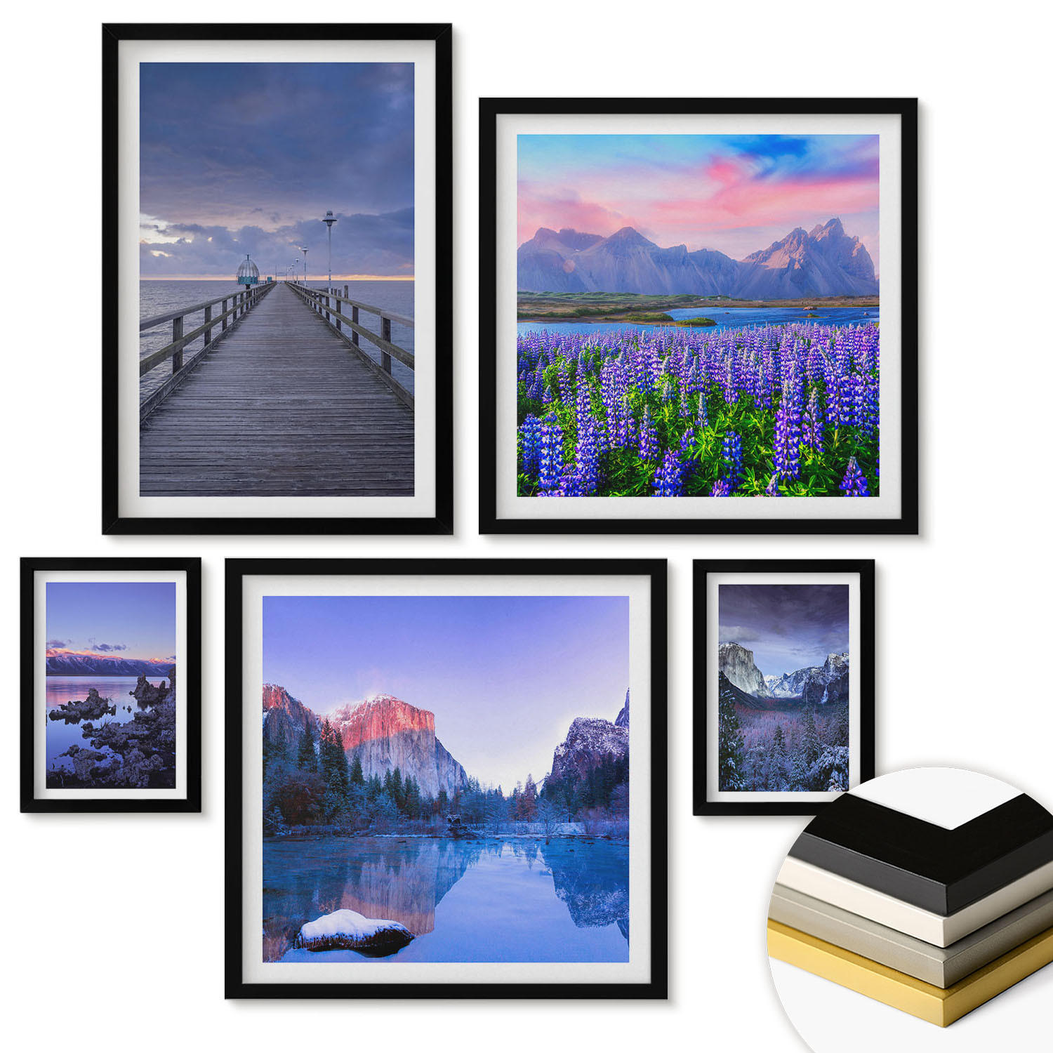 WANDBILDER 5er-Set - 50x50 cm & 20x30 cm & 40x60 cm Schwarzer Rahmen - Berglandschaften, Wasser, Blumenfeld - Schwarz, Kunststoff (40/60cm) - ArtPrintCave