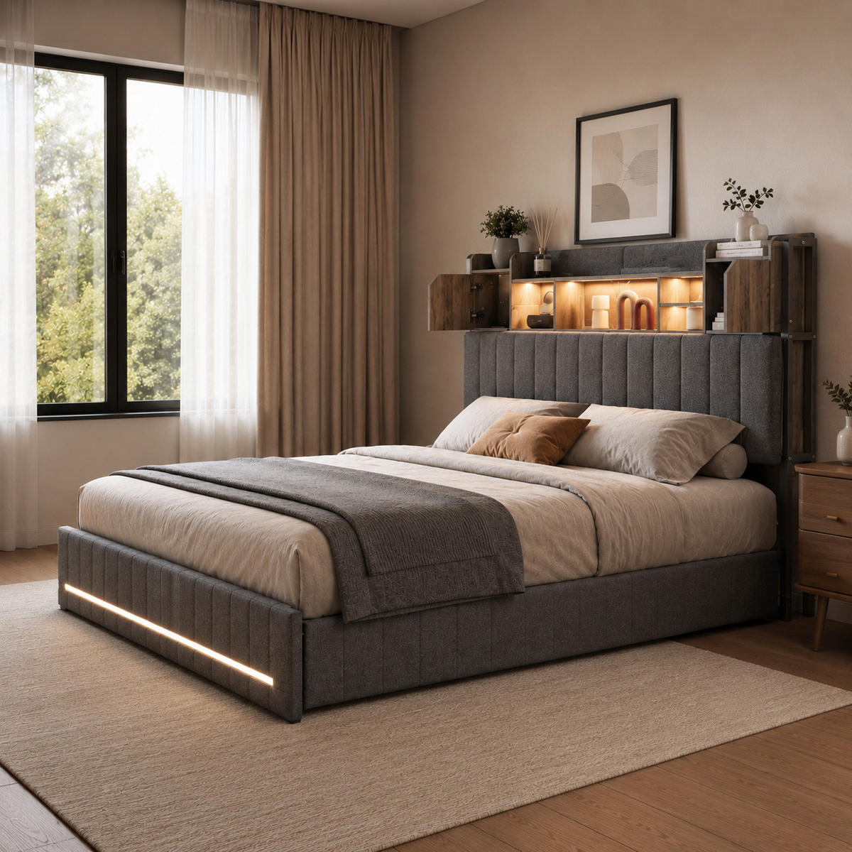POLSTERBETT 140/200 cm mit Bücherregal-Kopfteil, USB-Anschluss, LED-Beleuchtung & Stauraum-Schubladen, Metallrahmen, Lattenrost inklusive - Anthrazit, Holz/Metall (140/200cm) - Joyfair