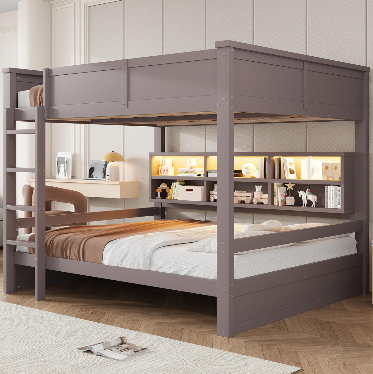 ETAGENBETT 160/200 cm, Braun mit 6 Stauraumschränken und LED - Braun, Holz (160/200cm) - MIVRAY