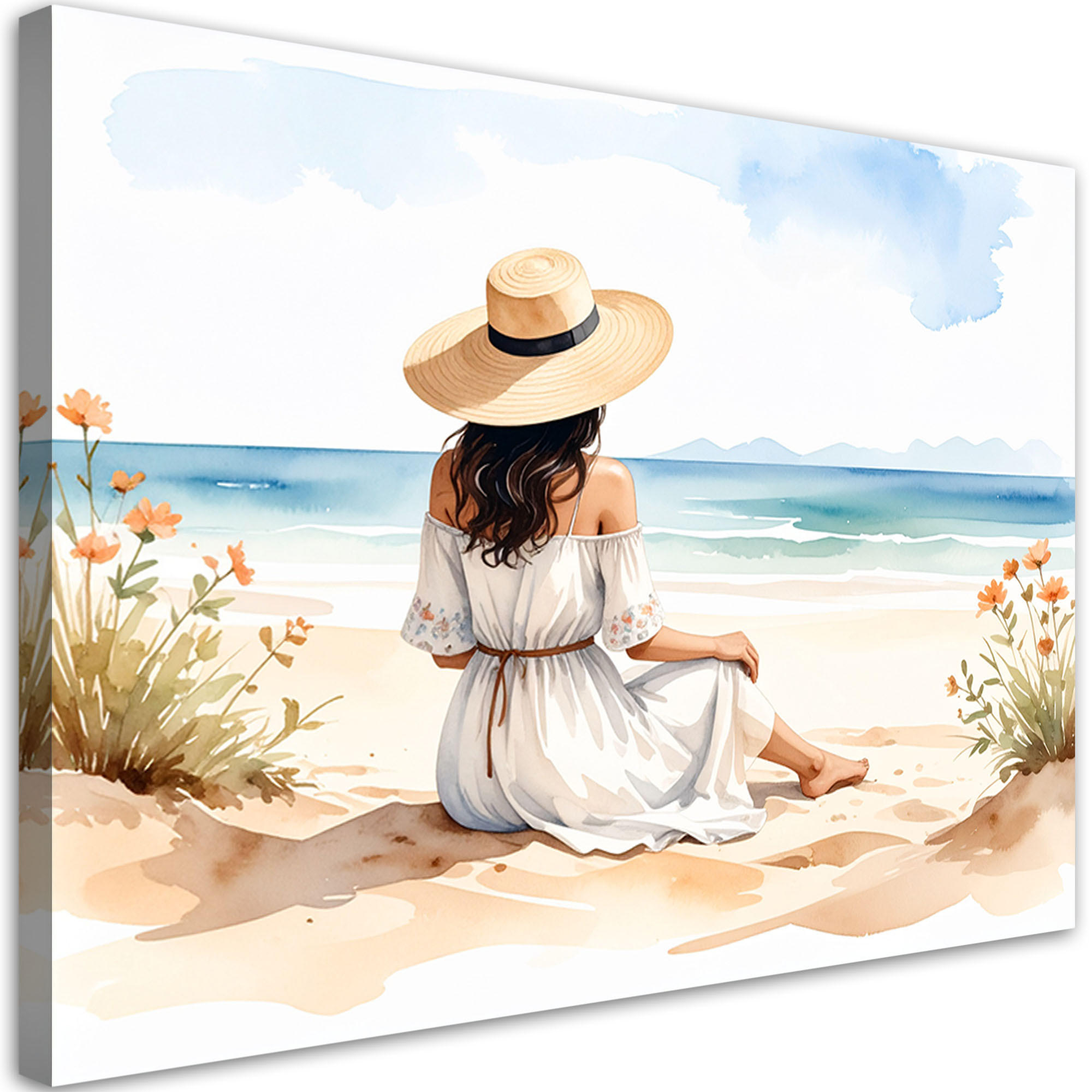 LEINWANDBILD Frau mit Hut am Strand 120x80cm - Beige, Textil (120/80cm) - Feeby