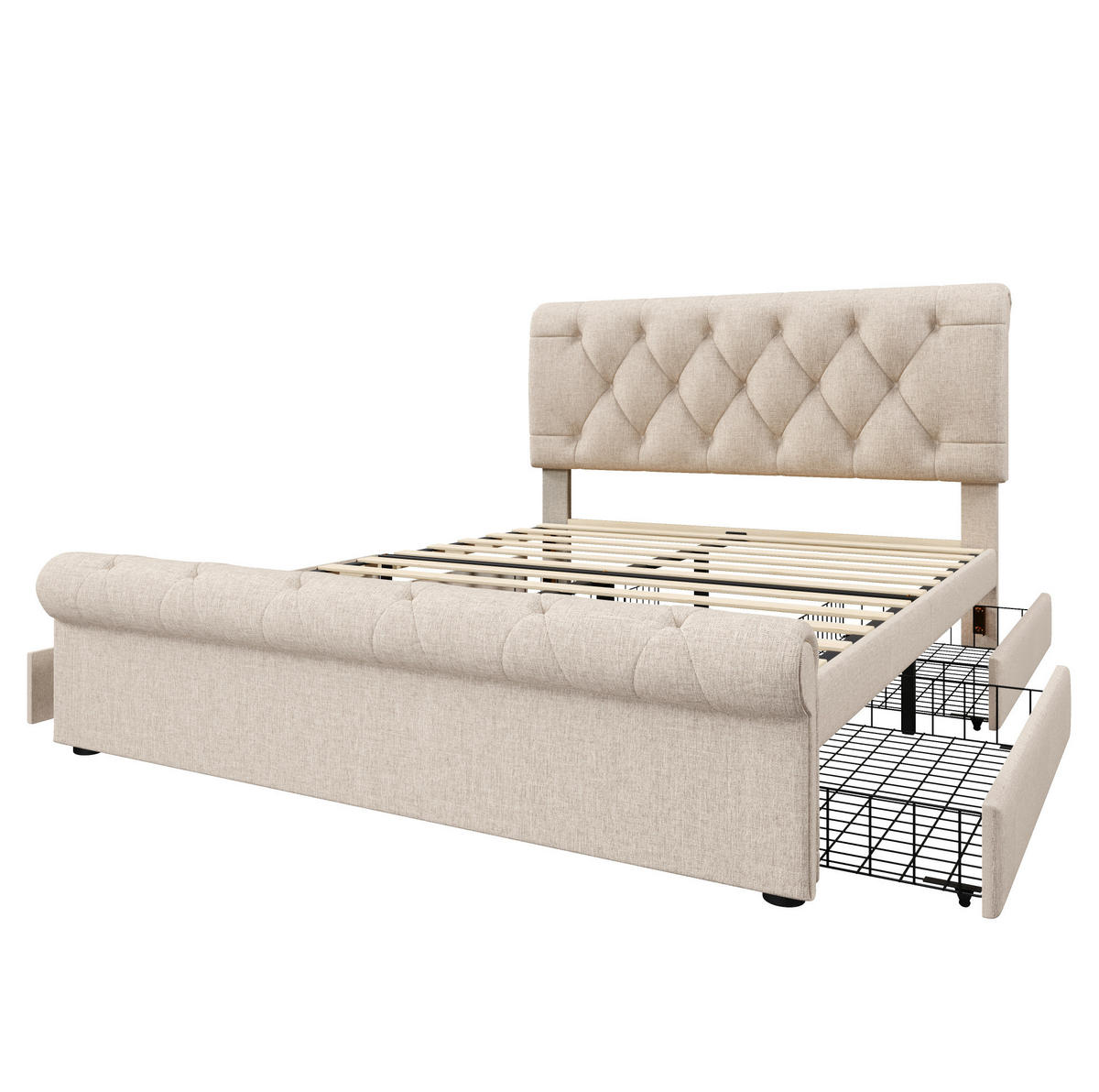POLSTERBETT 140/200 cm Natur mit 4 Schubladen und höhenverstellbarem Kopfteil mit Matratze - Naturfarben, Metall (140/200cm) - OKWISH