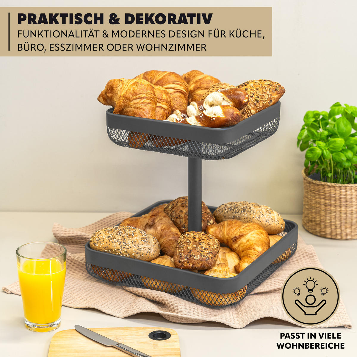 OBSTETAGERE 2-STÖCKIG eckig Metall grau - Grau, Metall (31cm) - eluno