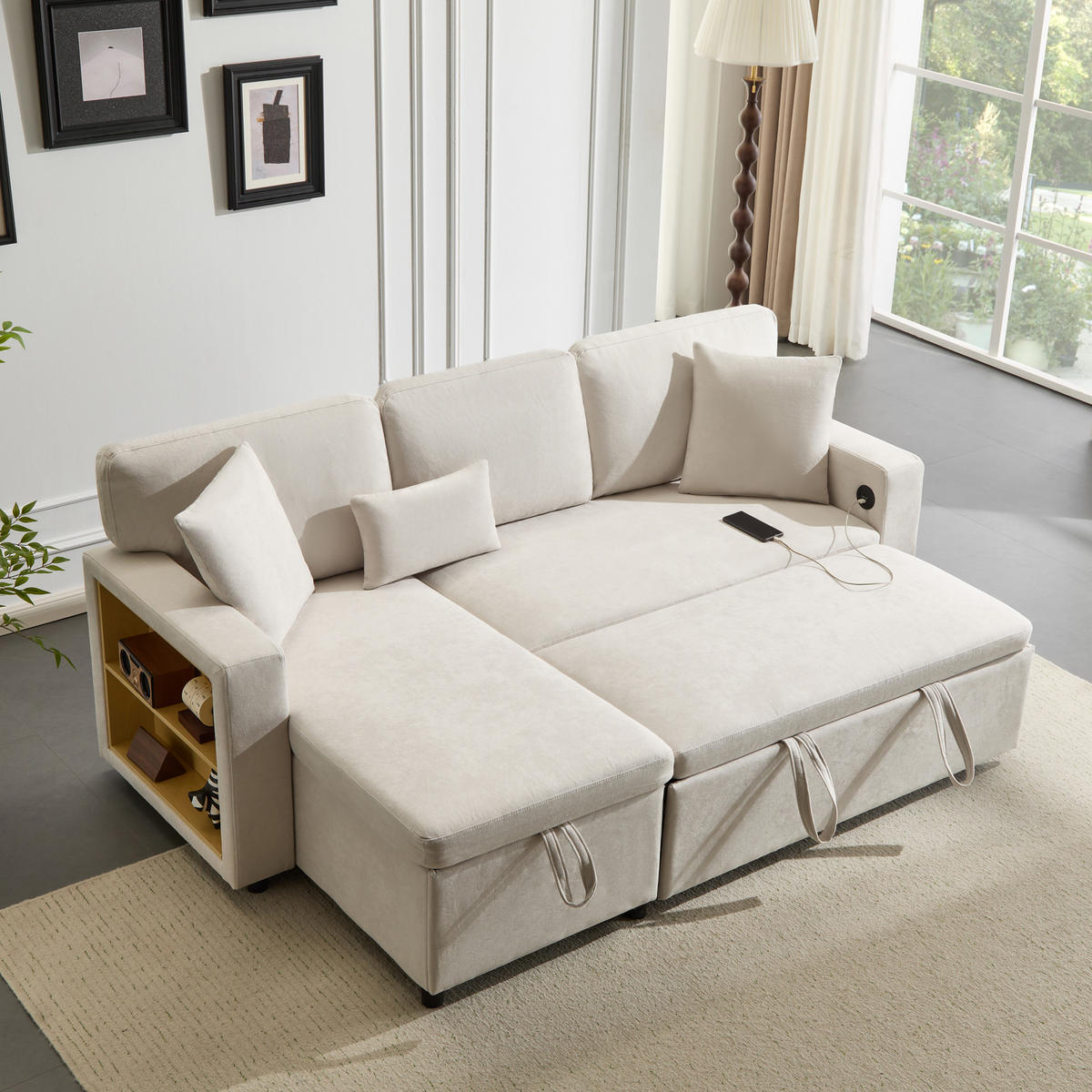 ECKSCHLAFSOFA 214/131/87 cm Beige mit Bettkasten und integriertem Regal - Beige, Textil (214/131cm) - Oxeza