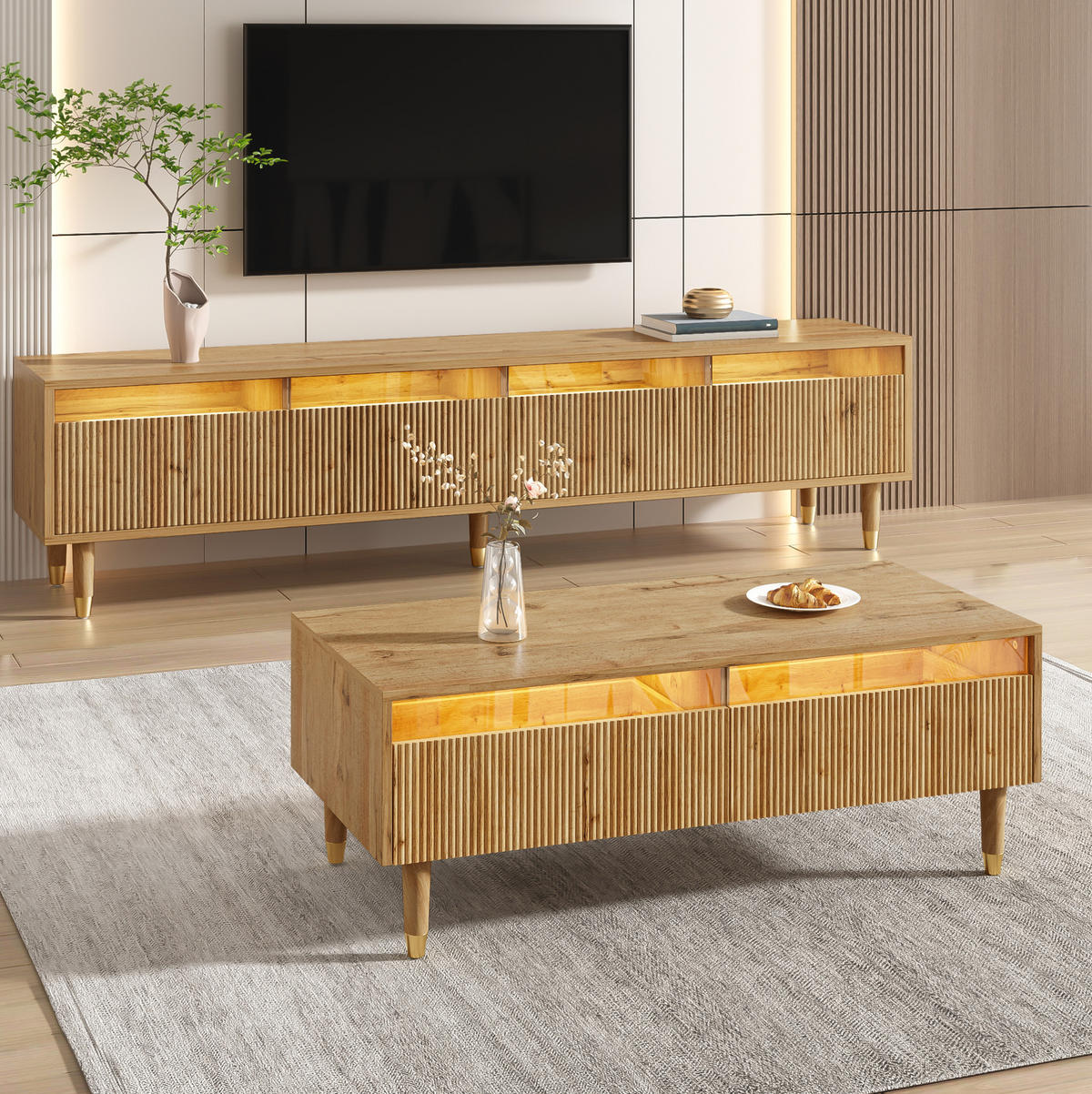 OBÝVACÍ sestava s TV stolkem 178/35/45 cm a konferenčním stolkem 110/50/40 cm s LED a úložným prostorem, Dekor dřeva - přírodní, kompozitní dřevo (178/45/35cm) - Redom