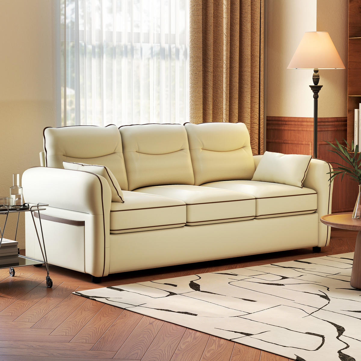 SOFA, 3-Sitzer, Kunstleder, dicke Polsterung, Seitentasche, beige, 190x83x90cm - Multicolor, Holzwerkstoff (190/90/83cm) - FORIOUS