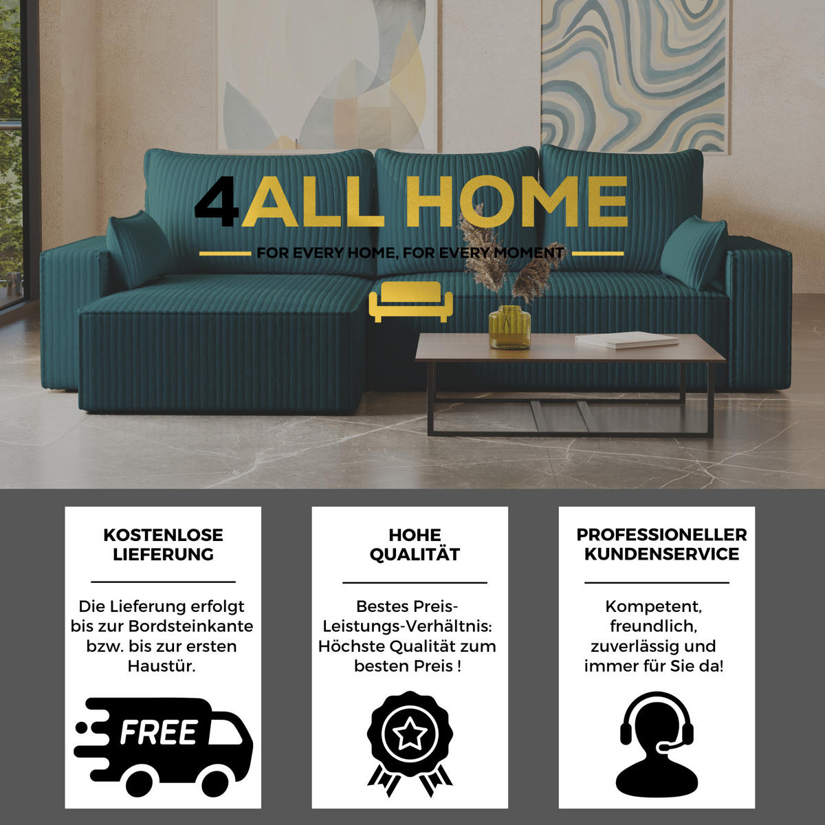 ECKSOFA Tobi mit Bettkasten und Schlaffunktion, L-Form/XL-Form, Cordstoff, Universal - Blau, Holzwerkstoff (276/145cm) - 4ALL HOME