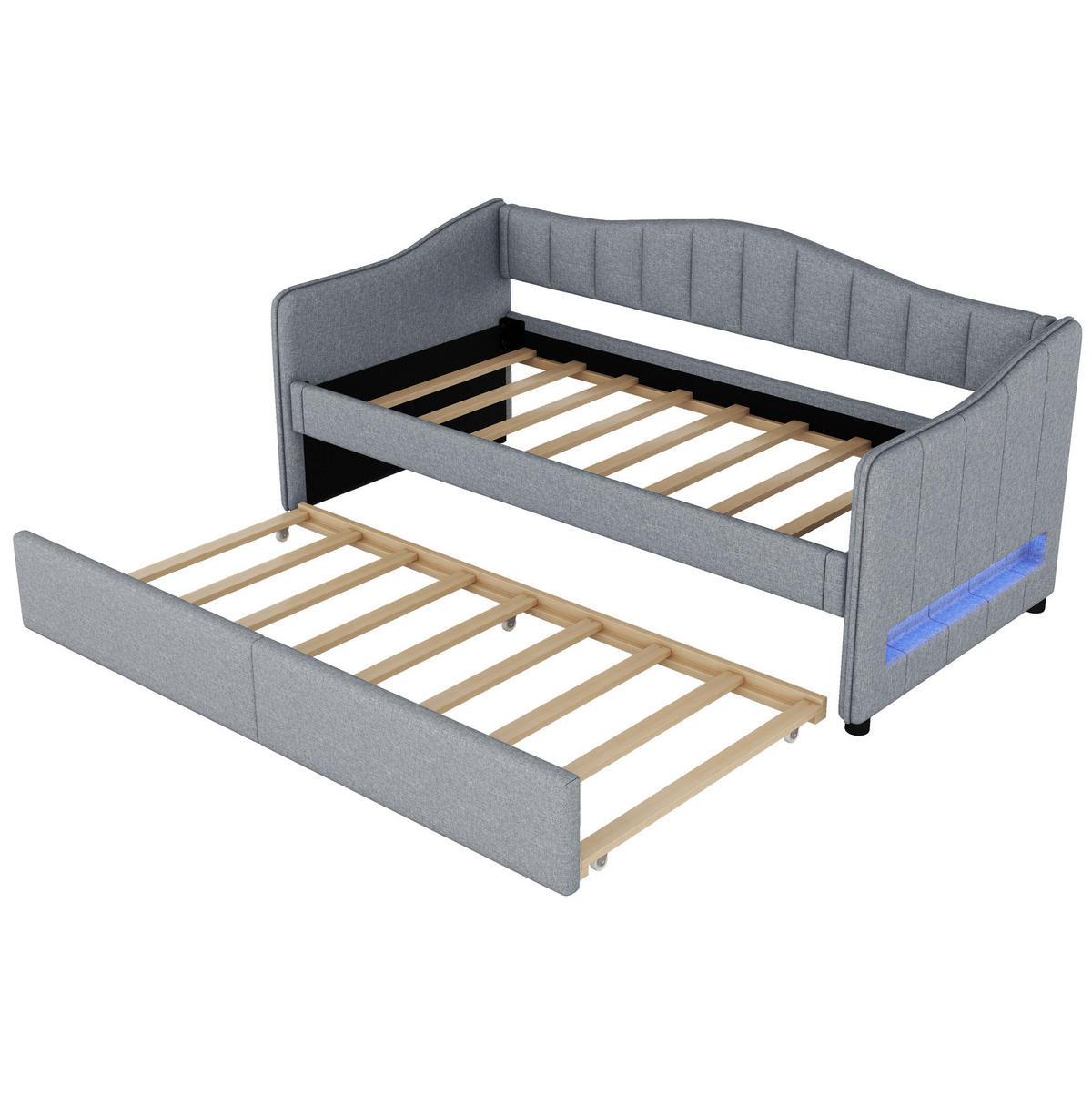 KREVET 90/200 cm s izvlačnim pomoćnim ležajem, LED osvjetljenjem i minimalističkim dizajnom, Siva - siva, tekstil (90/200cm) - Redom