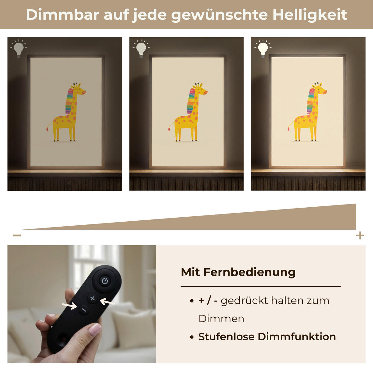 NÁSTĚNNÁ LAMPA S AKUMULÁTOREM Žirafa - Duhová hříva - béžová 40x60 cm - béžová, kompozitní dřevo (40/60/8cm) - OnlyWow