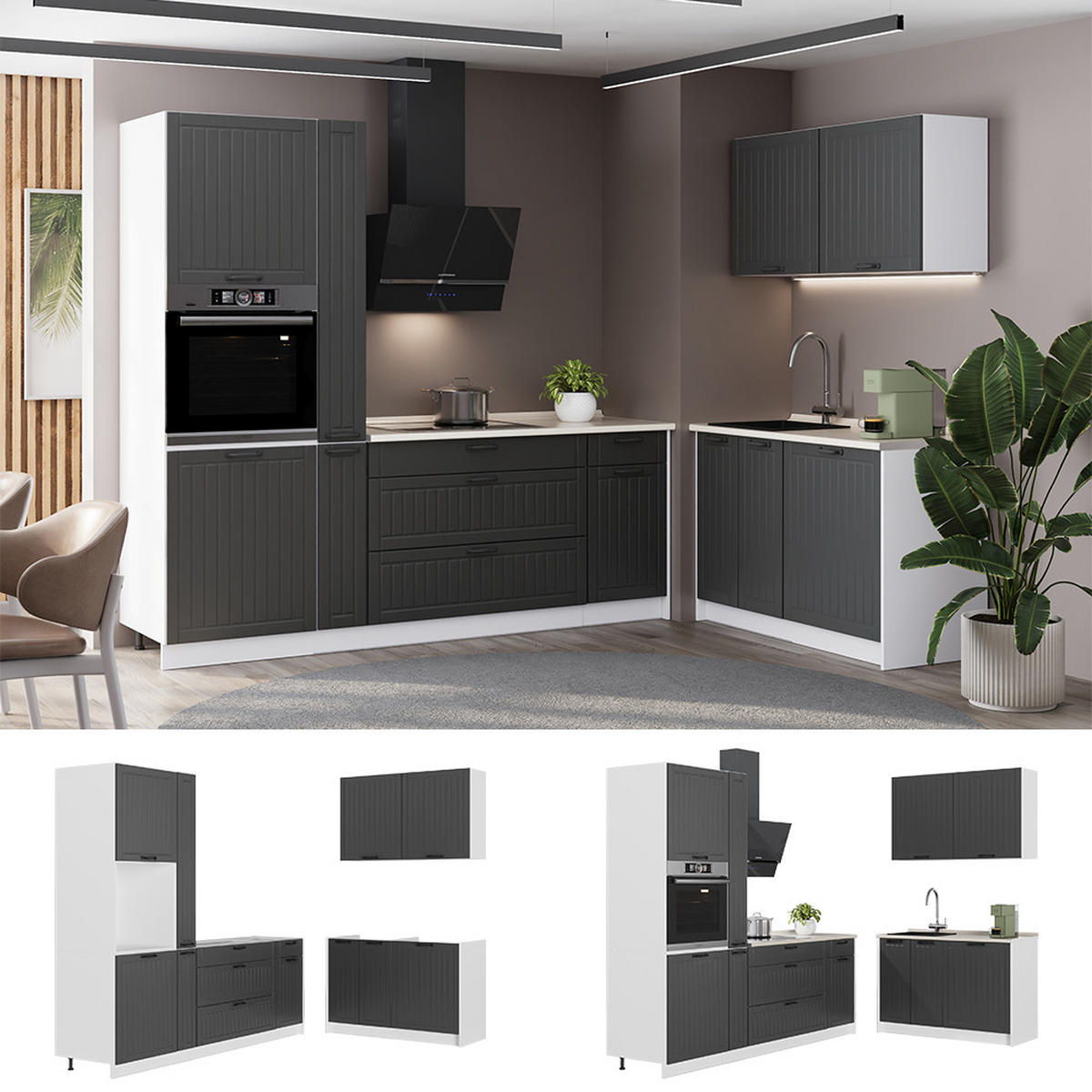 KUHINJA Fame-Line, Temno siva/Bela, 220 x 120 cm brez delovne plošče - temno siva/bela, leseni material (220/206.8/51.6cm) - Vicco