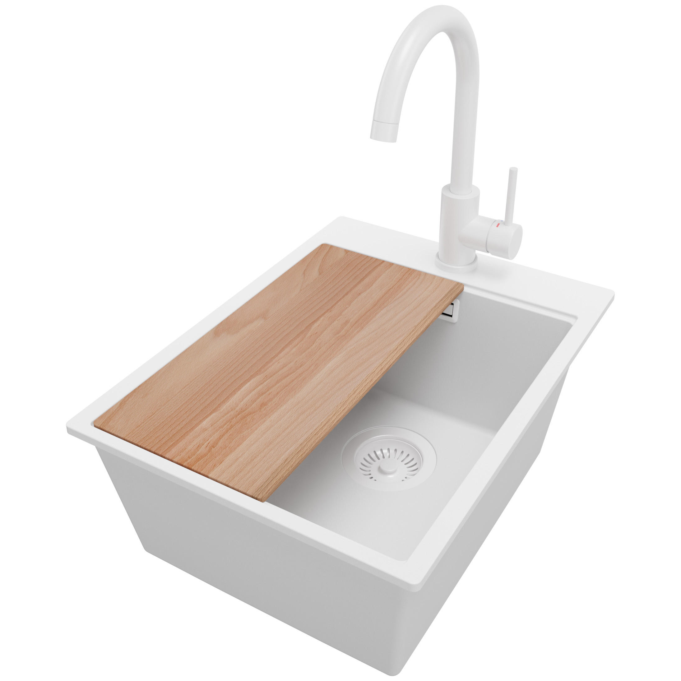 GRANITSPÜLE Oslo, 2-er set Alles Weiß 38/50 cm 1 Becken + Küchenarmatur 32/20 cm + Ablauf-Set + Schneidebrett ab 40er Unterschrank - Beige/Weiß, Kunststoff (38/20/50cm) - Primagran